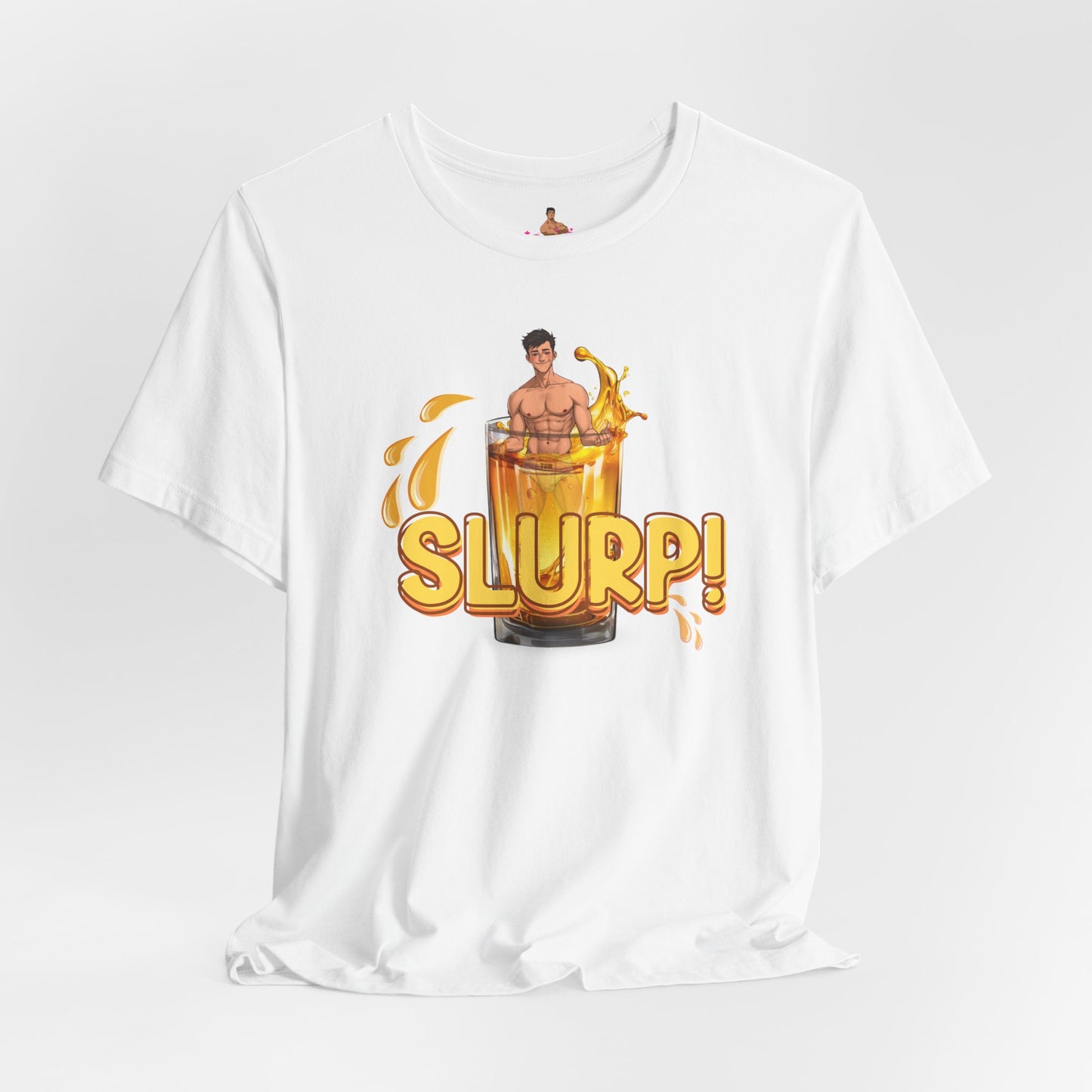 White t-shirt with a graphic design of a person inside a glass of yellow liquid with 'SLURP!' text on a. Watersports, piss play, Kink, LGBTQIA+