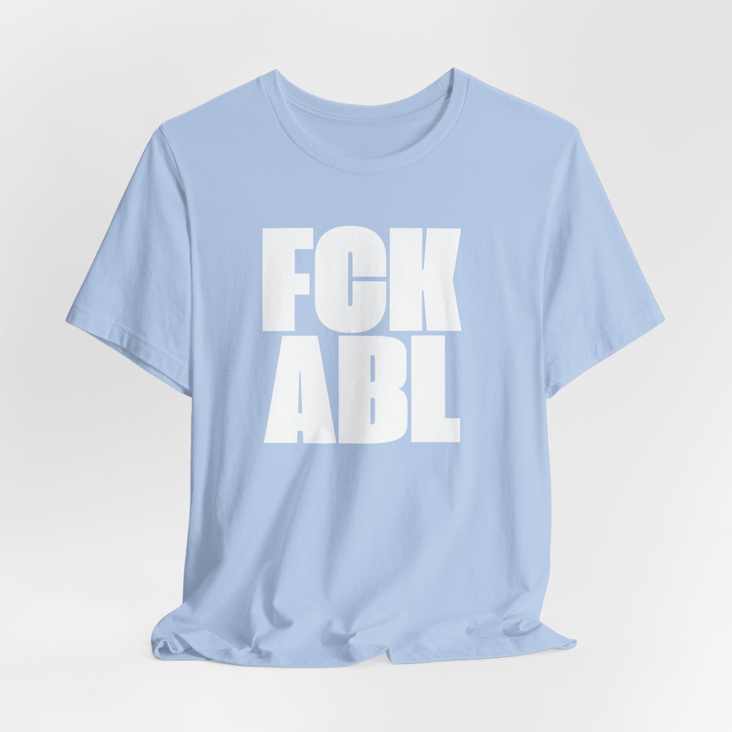 Light blue t-shirt with white text on a light gray background