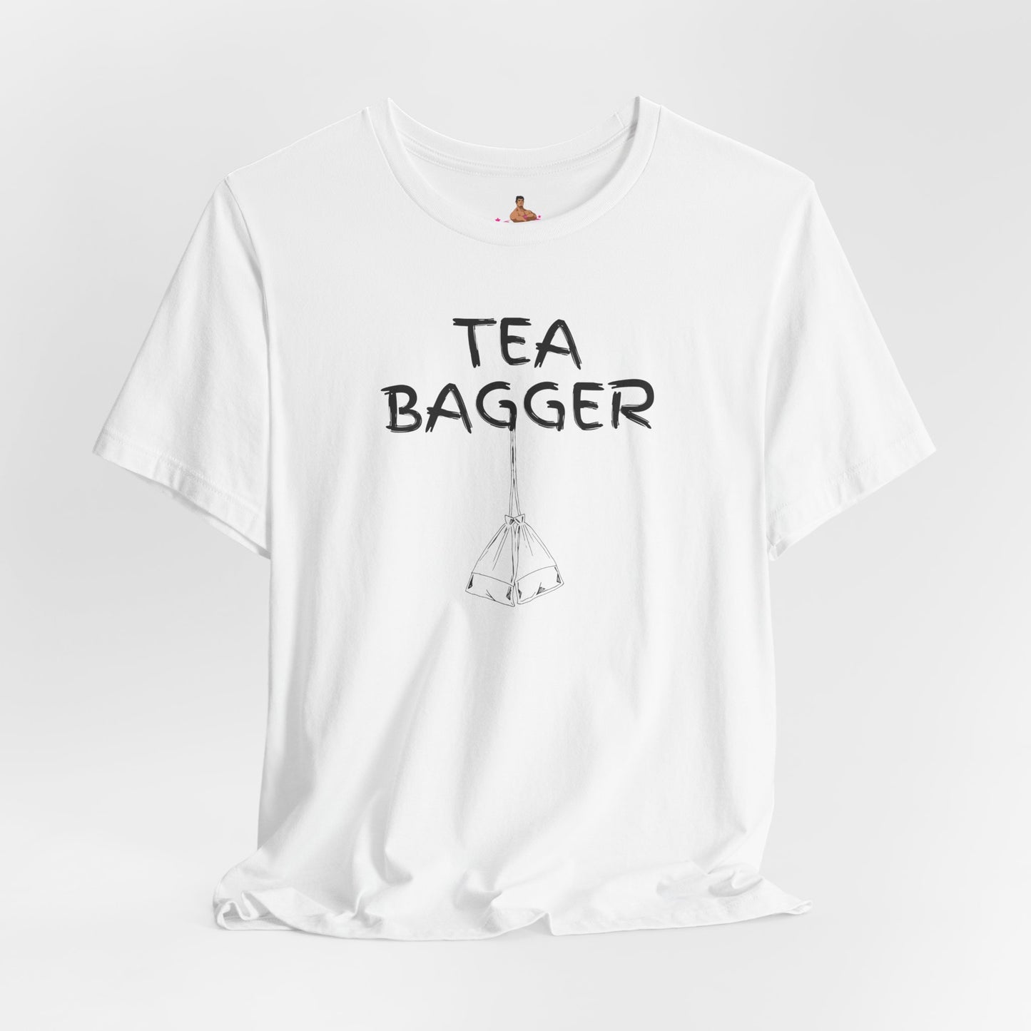 White t-shirt with 'TEA BAGGER' text on a light gray background Kink, LGBTQIA+, Queer
