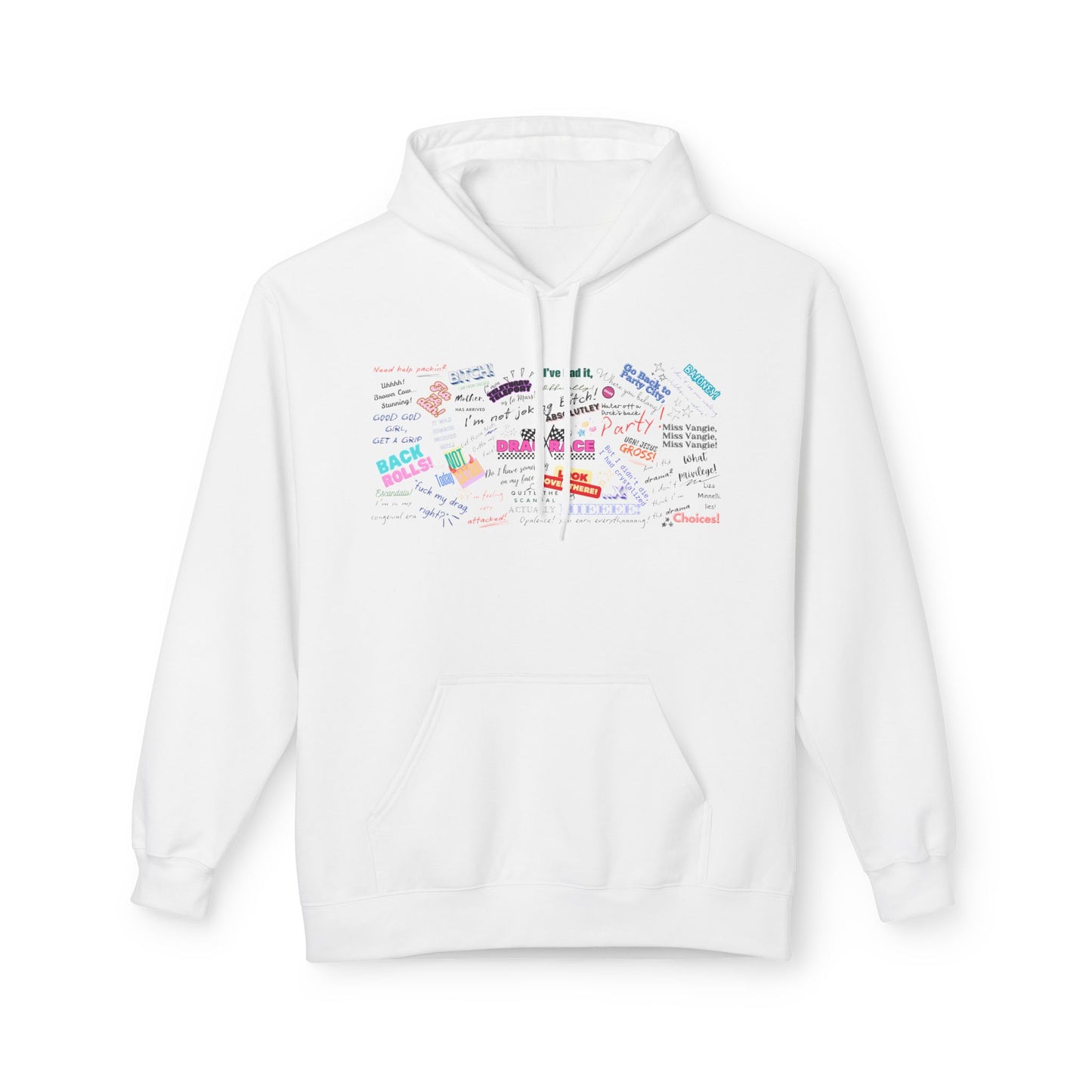 White hoodie with colorful text design on a white background Drag race, Rupaul, Rupaul's Drag Race UK, LGBT, Queer Culture, Gay, Drag Queen