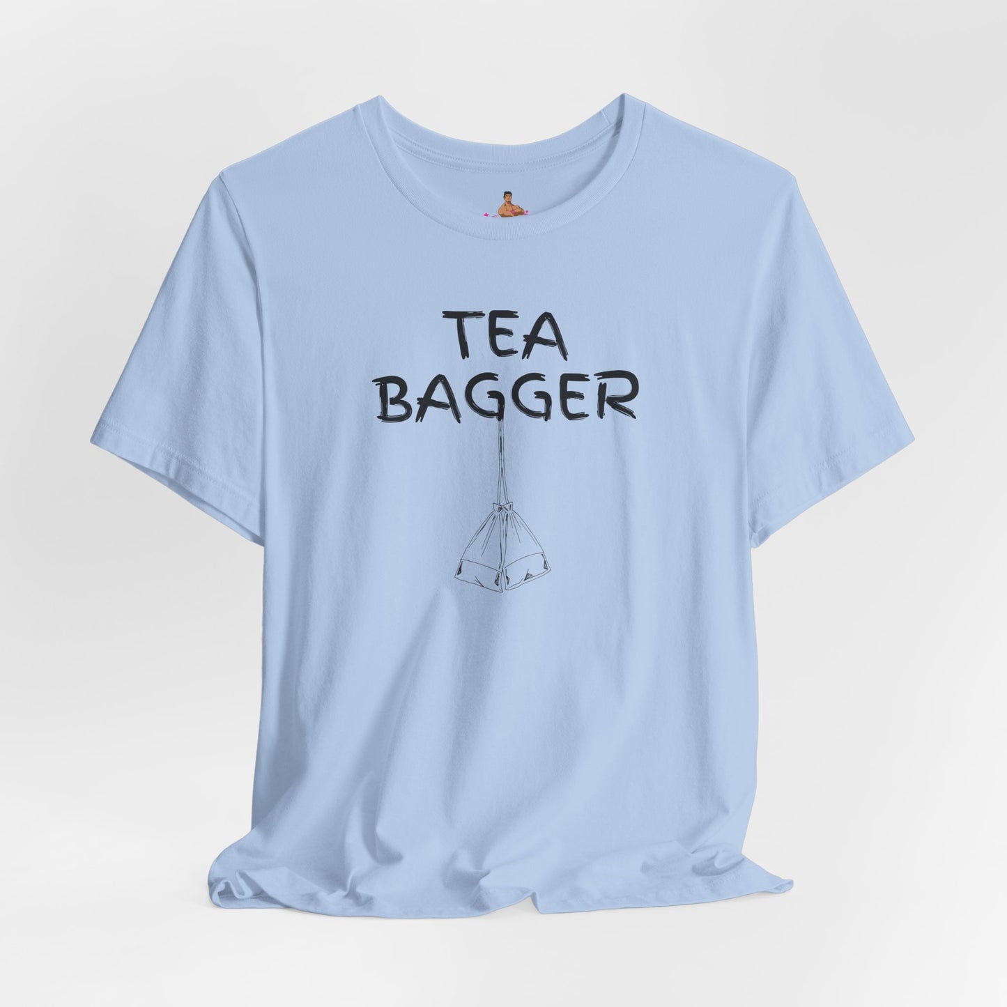 Light blue t-shirt with 'TEA BAGGER' text and graphic on a white background Kink, LGBTQIA+, Queer