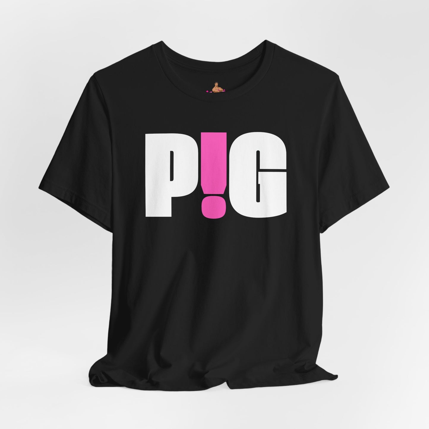 Black t-shirt with white and pink text on a light gray background Kink, LGBTQIA+, Queer Sub Dom Pig, Piggy