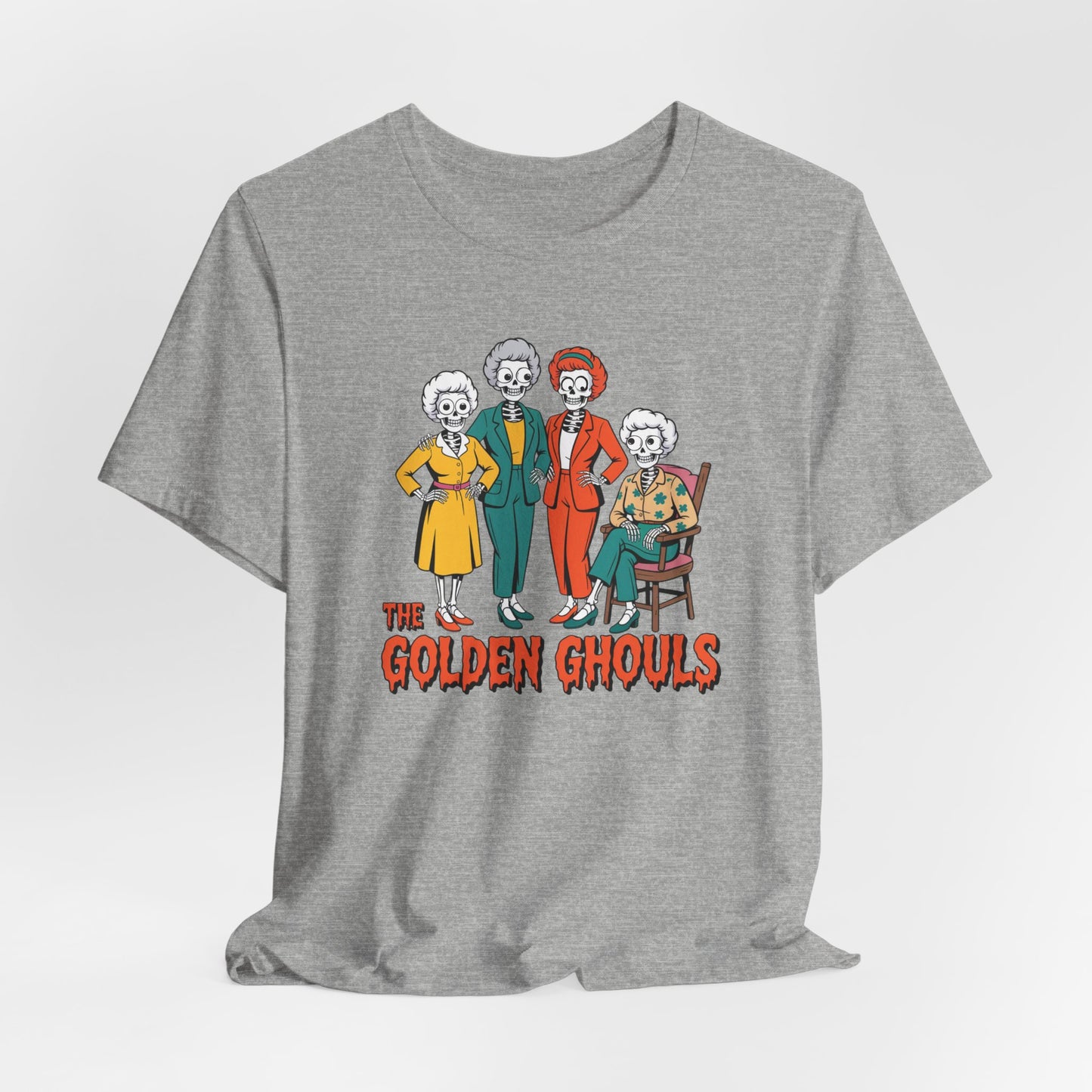 Gray t-shirt with 'The Golden Ghouls' graphic design on a white background Golden Girls, 80s TV, Halloween Tees