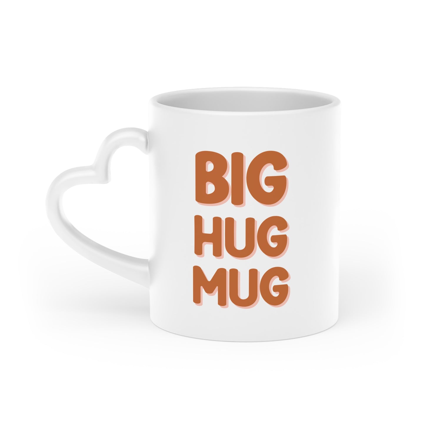 White mug with 'BIG HUG MUG' text in brown on a white background