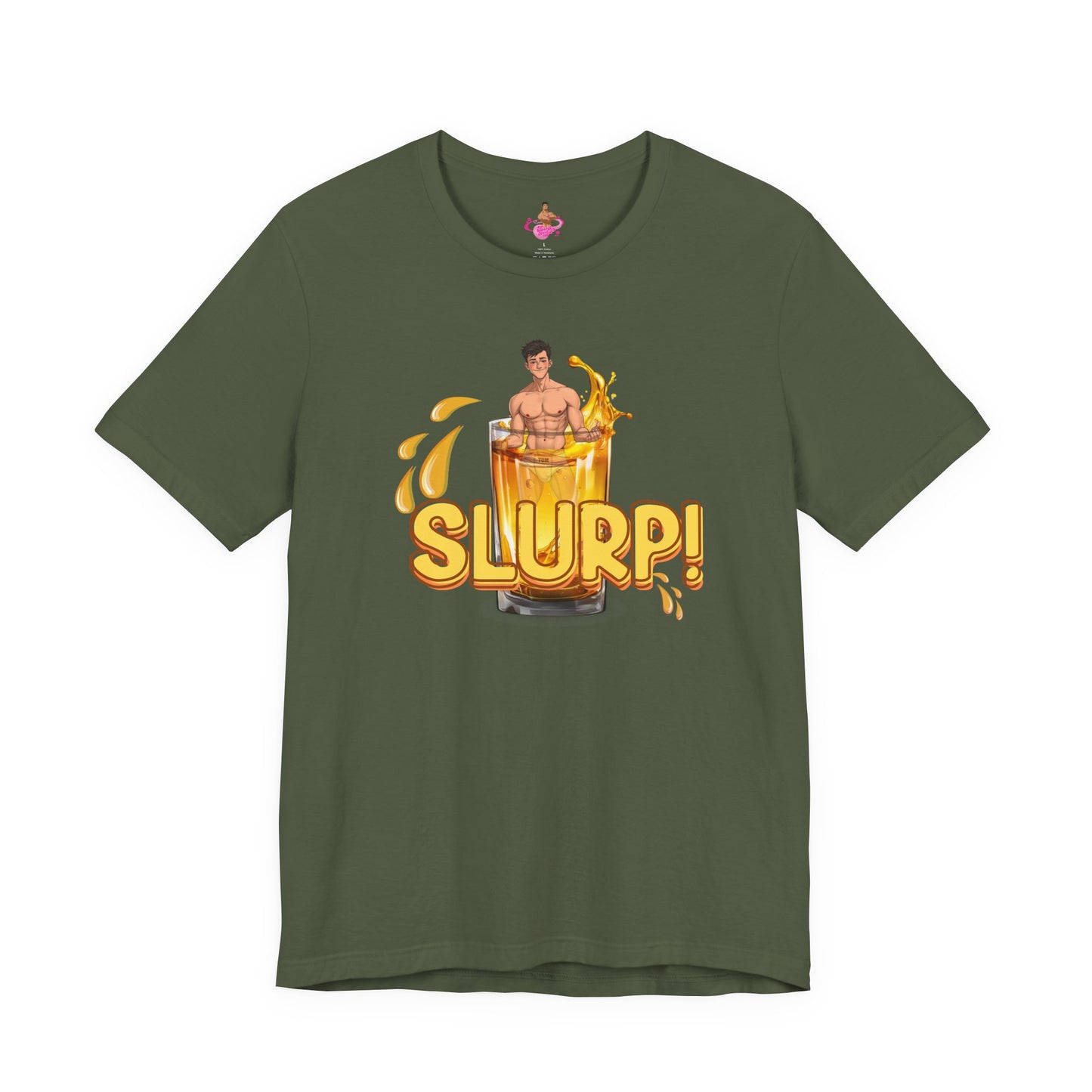 Military Green t-shirt with a graphic design of a person inside a glass of yellow liquid with 'SLURP!' text on a. Watersports, piss play, Kink, LGBTQIA+