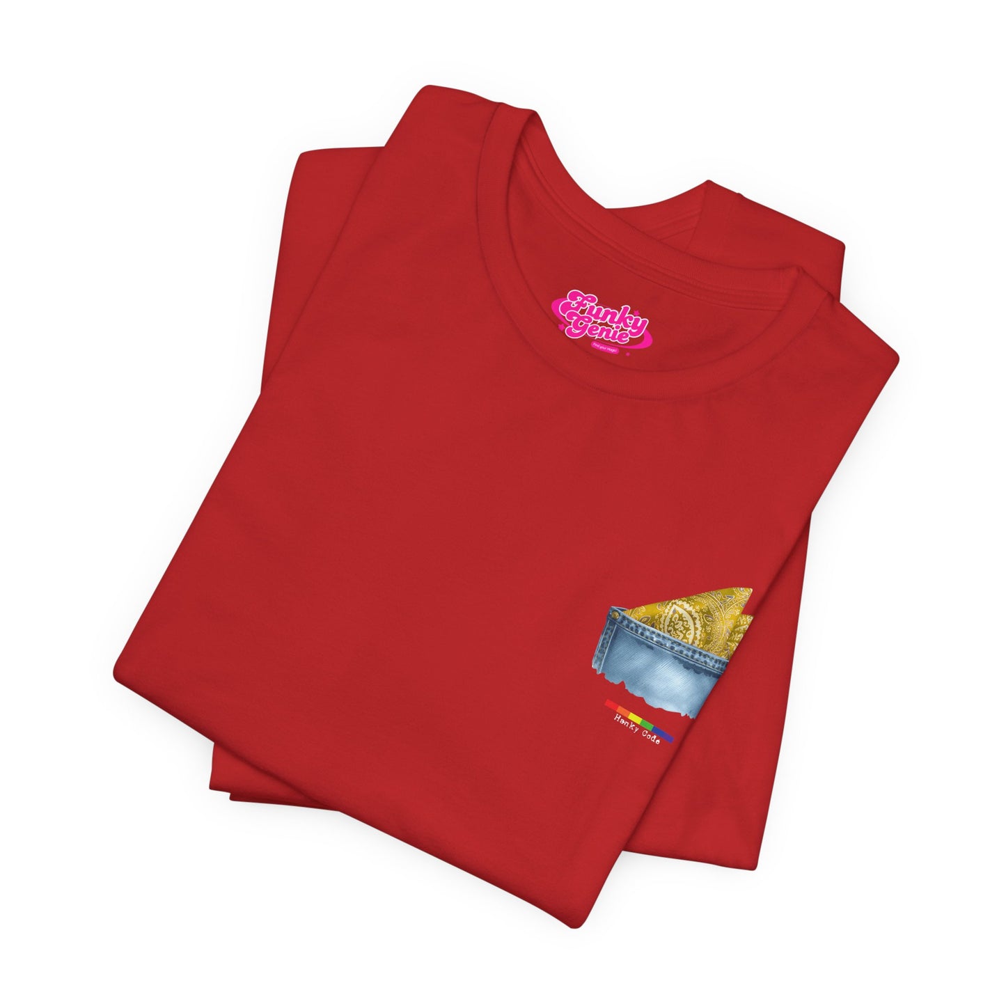 Red t-shirt with a small graphic of a pocket with a paisley print hanky tucked inside. it features the LGBT rainbow colours and the words Hanky Code