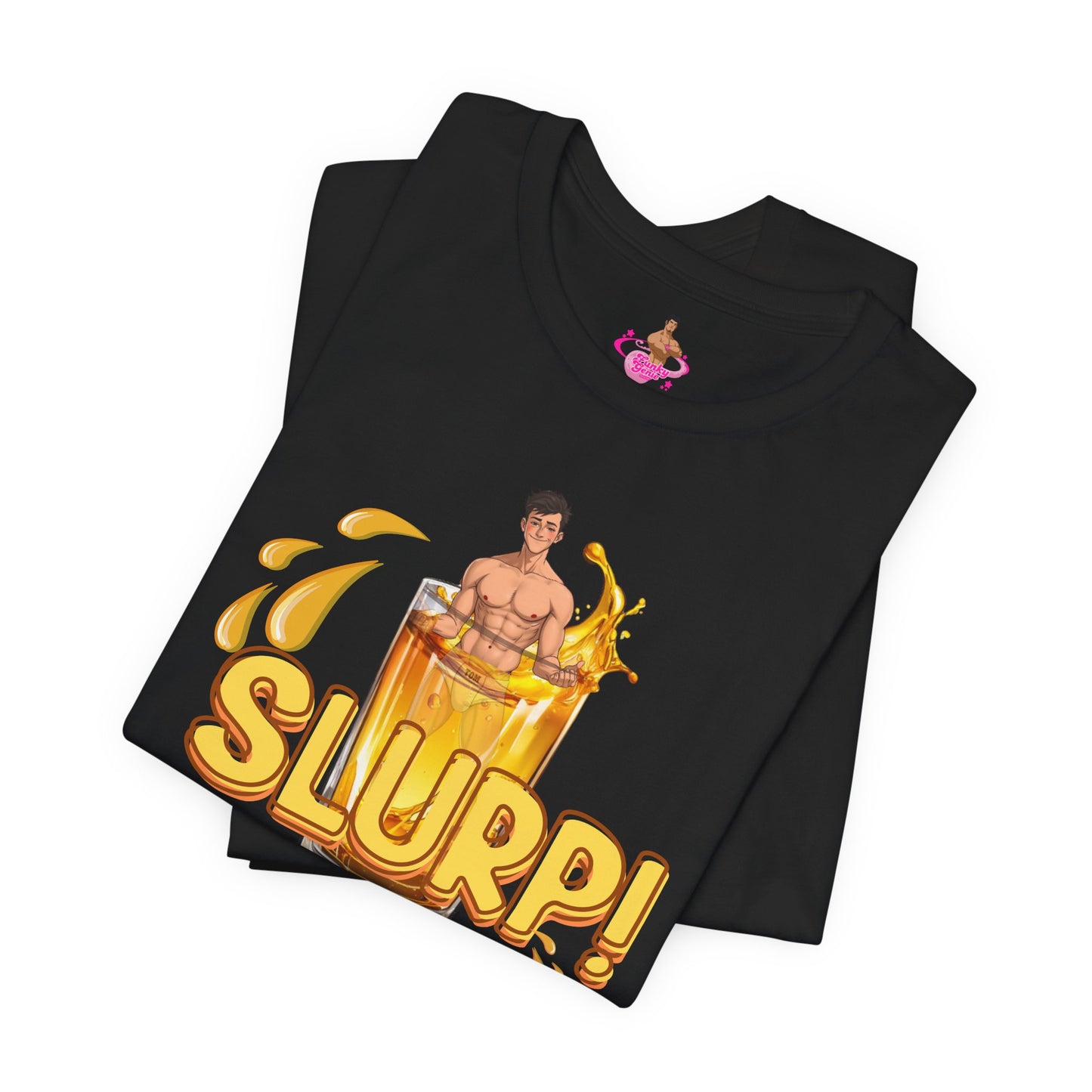 Black t-shirt with a graphic design of a person inside a glass of yellow liquid with 'SLURP!' text on a. Watersports, piss play, Kink, LGBTQIA+
