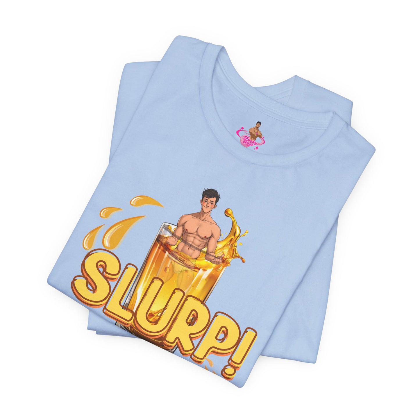 Baby Blue t-shirt with a graphic design of a person inside a glass of yellow liquid with 'SLURP!' text on a. Watersports, piss play, Kink, LGBTQIA+