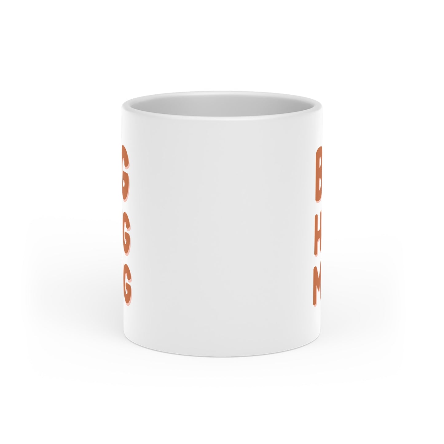 White mug with orange text on a white background