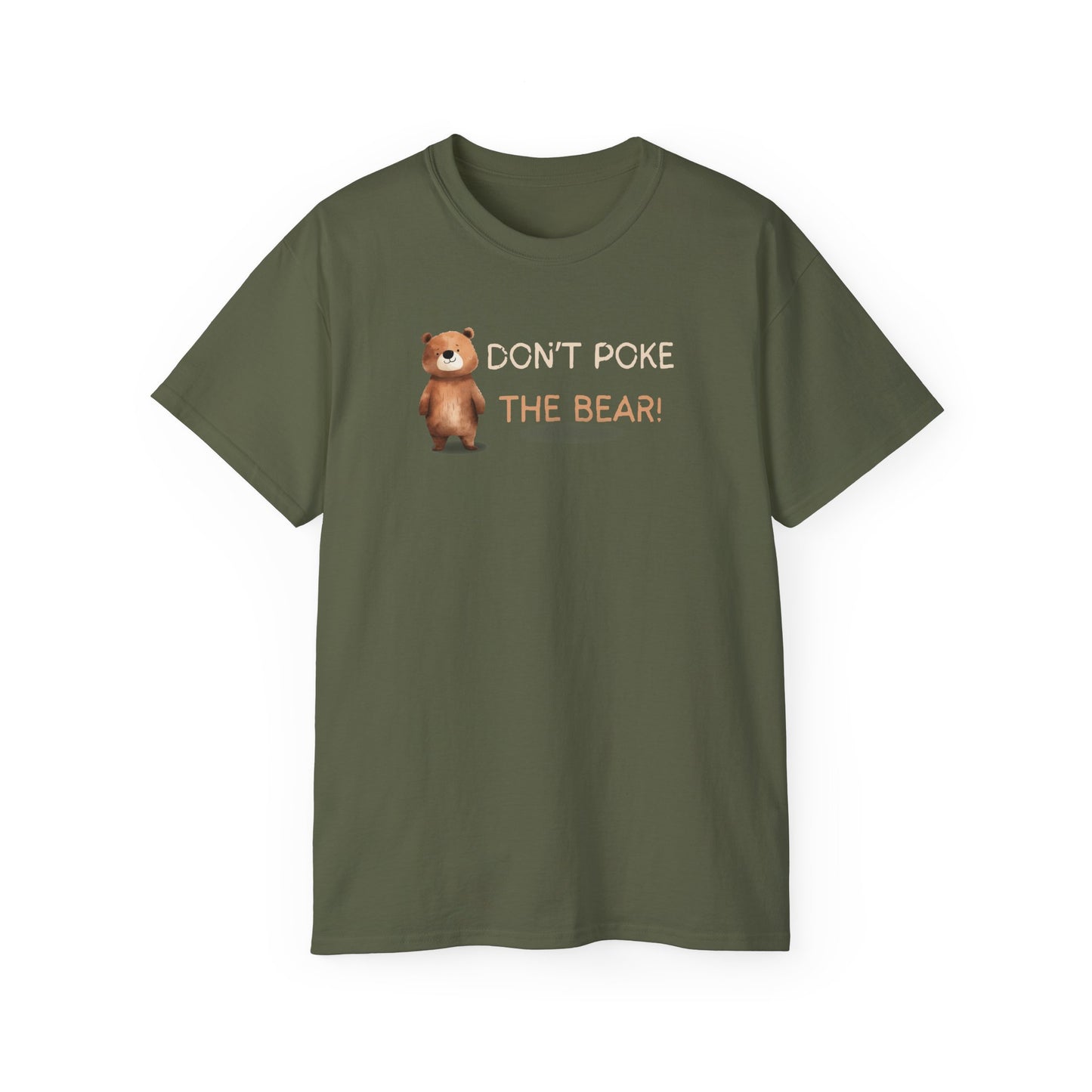 Green t-shirt with a bear graphic and text on a white background
