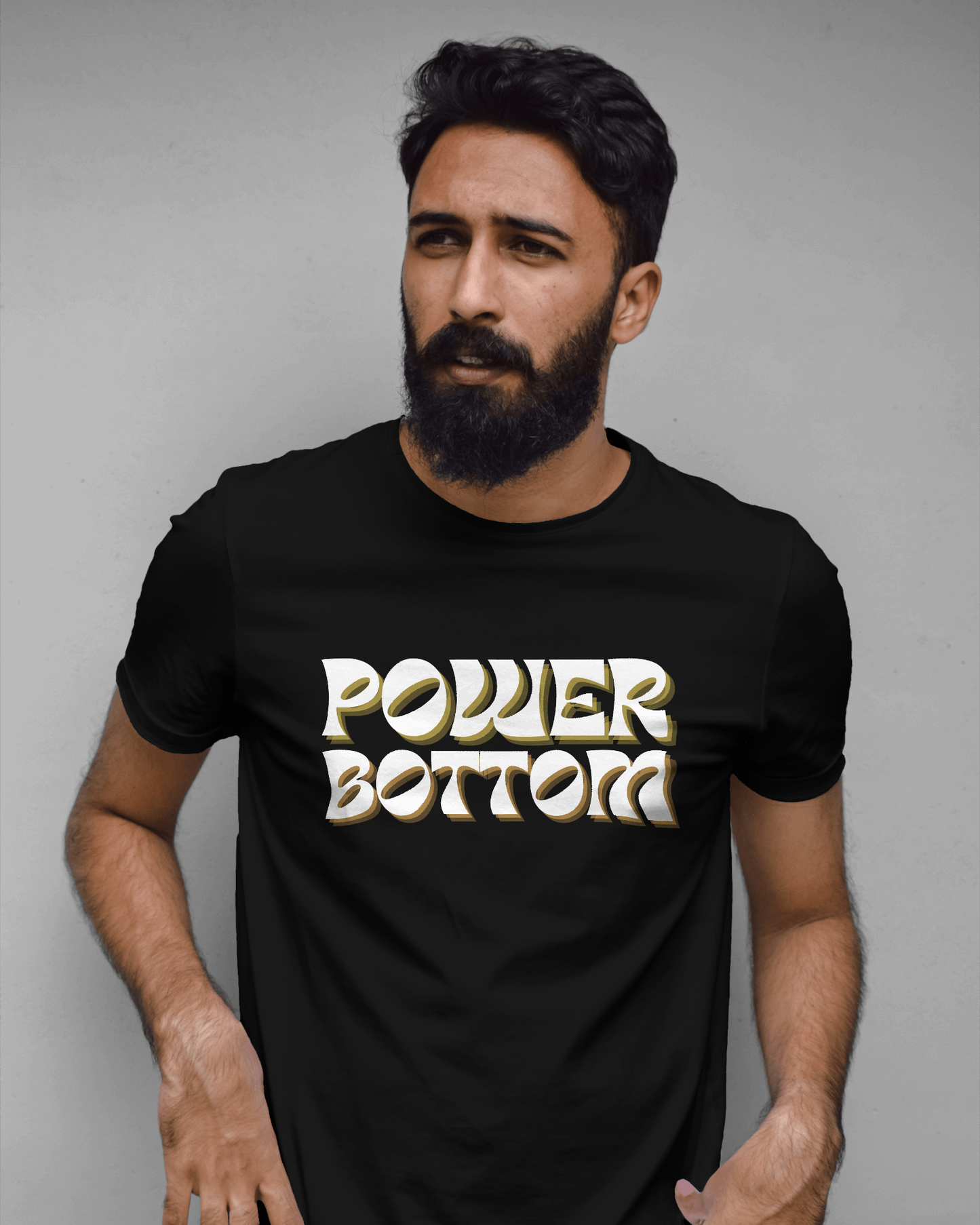 Man wearing a black t-shirt with 'POWER BOTTOM' text on a gray background Kink, LGBTQIA+, Queer Sub Dom