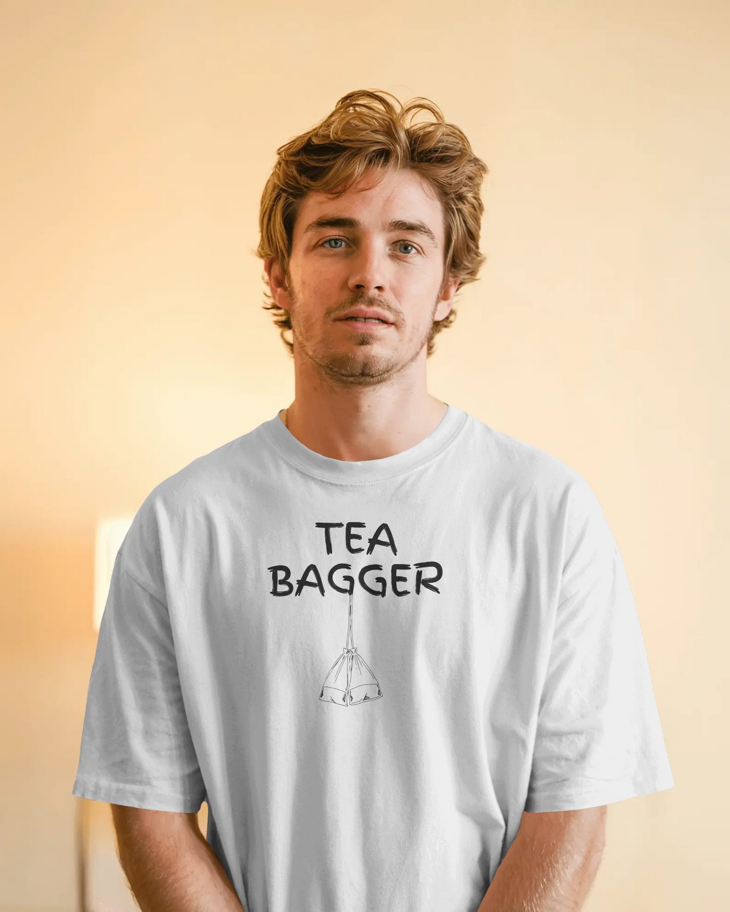 Man wearing a t-shirt with 'TEA BAGGER' text against a gradient background Kink, LGBTQIA+, Queer