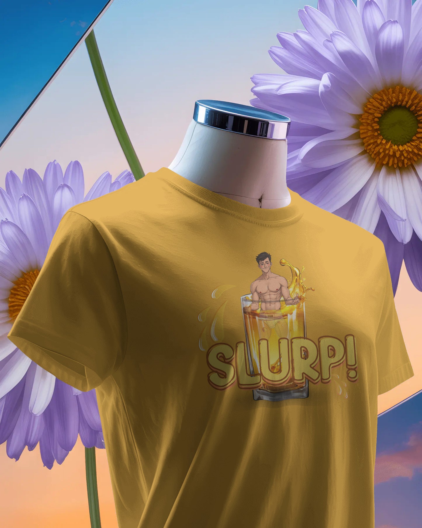 Yellow t-shirt with 'SLURP!' graphic on a mannequin against a colorful floral background