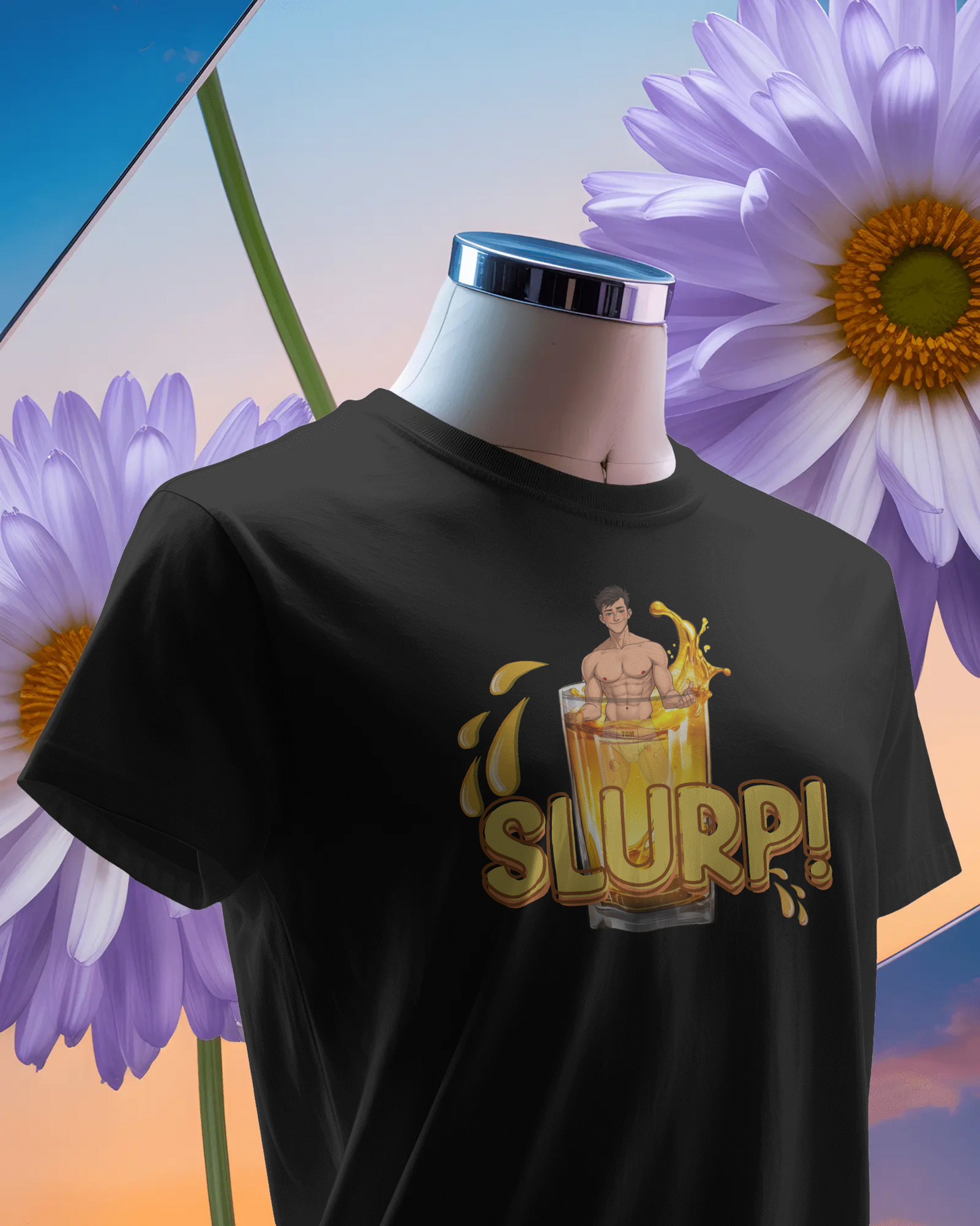 Black t-shirt with 'SLURP!' graphic on a mannequin against a colorful floral background Watersports, piss play, Kink, LGBTQIA+
