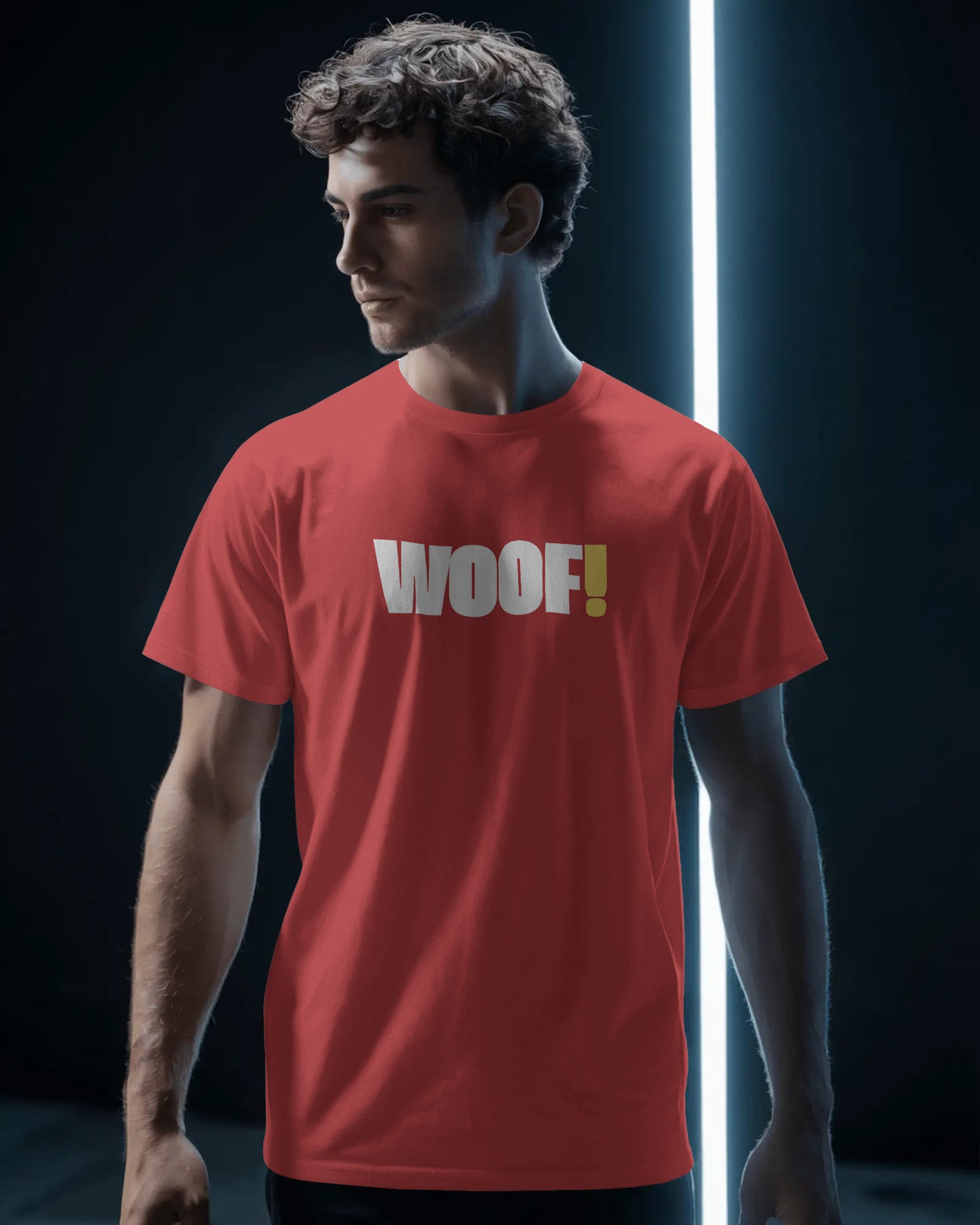 Man wearing a black t-shirt with 'WOOF!' text against a dark background LGBTQIA+ QUEER, Kink Positive