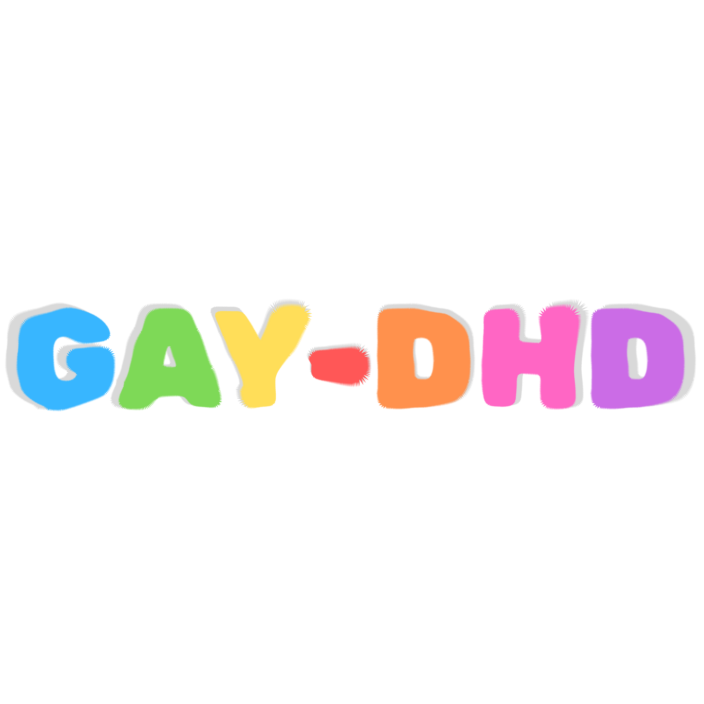 Colorful text 'GAY-DHD' on a white background