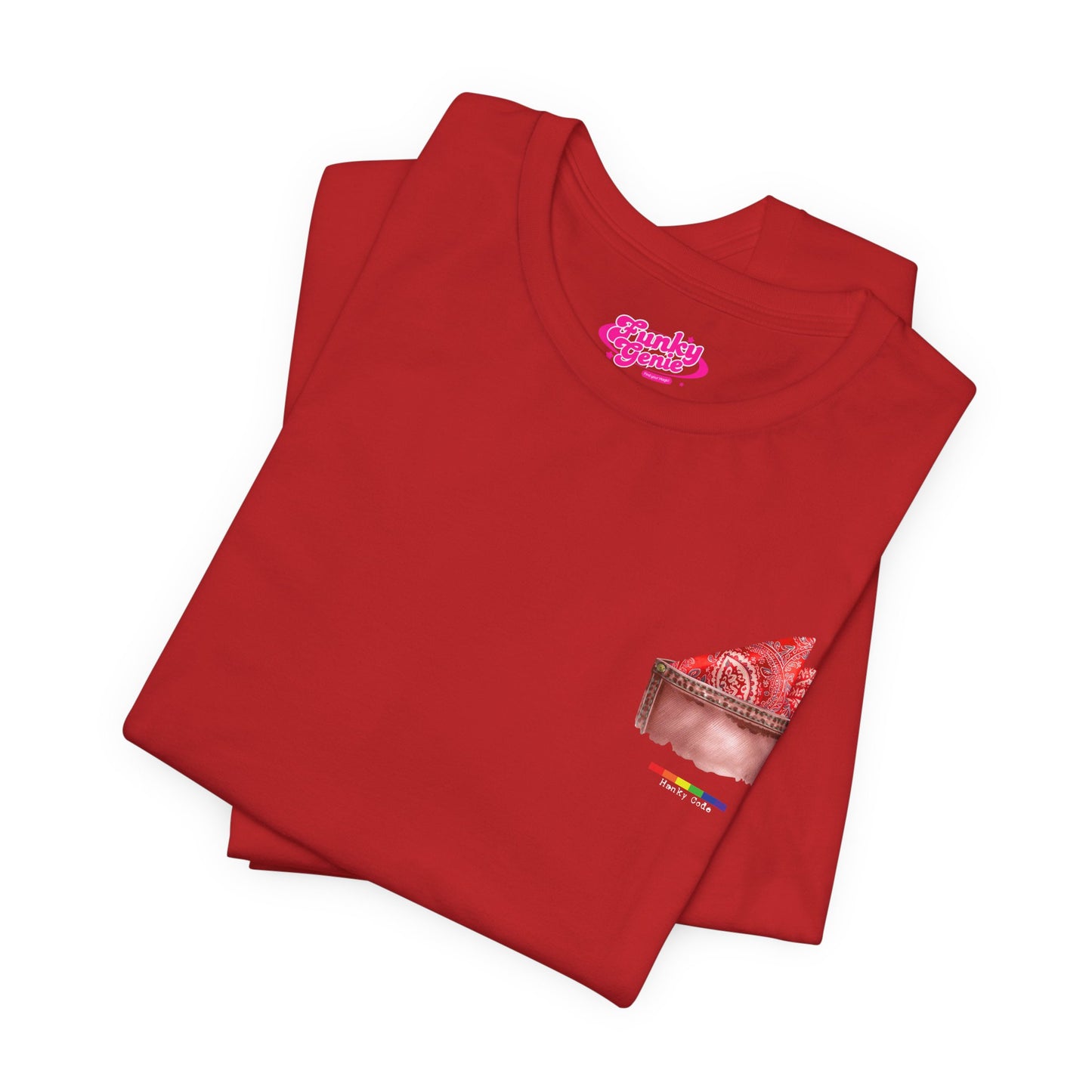 Red t-shirt with a small graphic of a pocket with a paisley print hanky tucked inside. it features the LGBT rainbow colours and the words Hanky Code