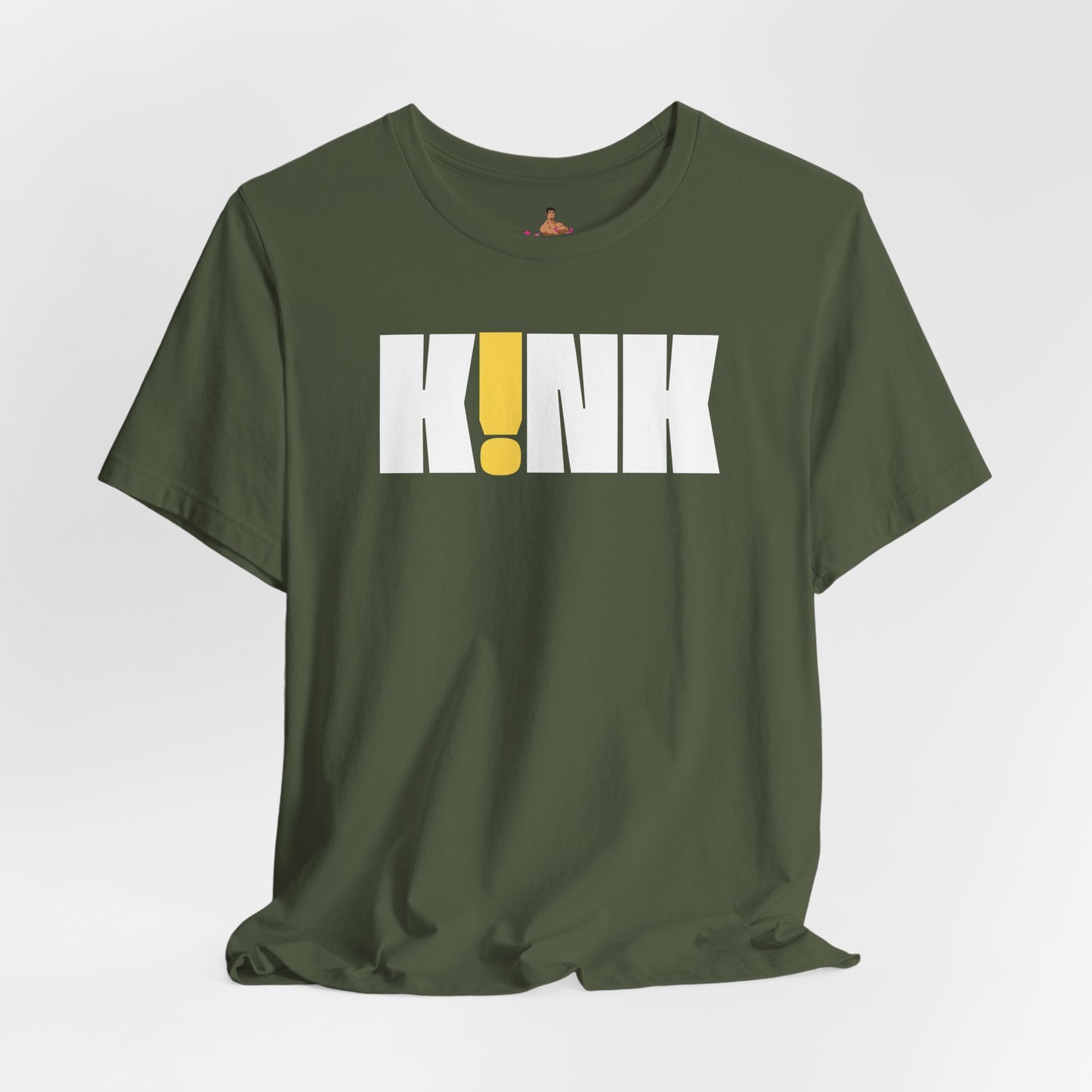 Green t-shirt with 'K!NK' graphic on a light gray background Kink, LGBTQIA+, Queer