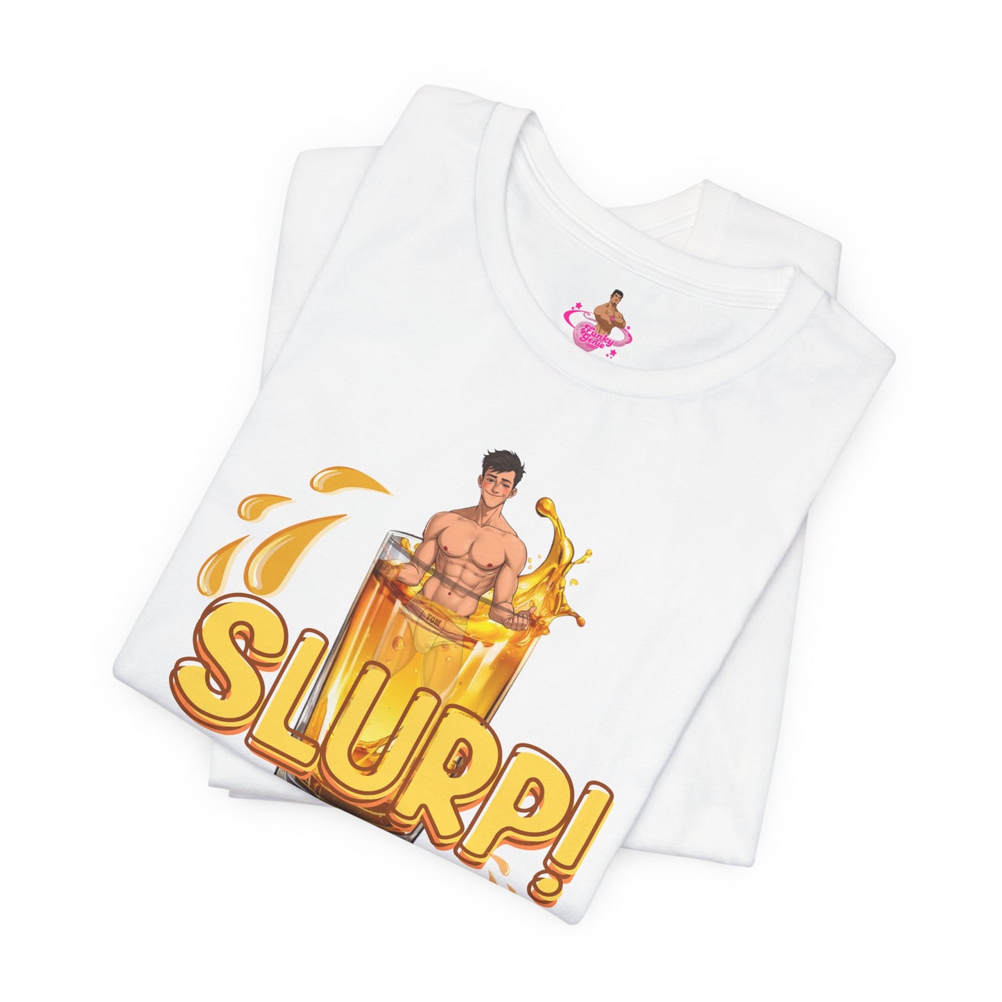 White t-shirt with a graphic design of a person inside a glass of yellow liquid with 'SLURP!' text on a. Watersports, piss play, Kink, LGBTQIA+