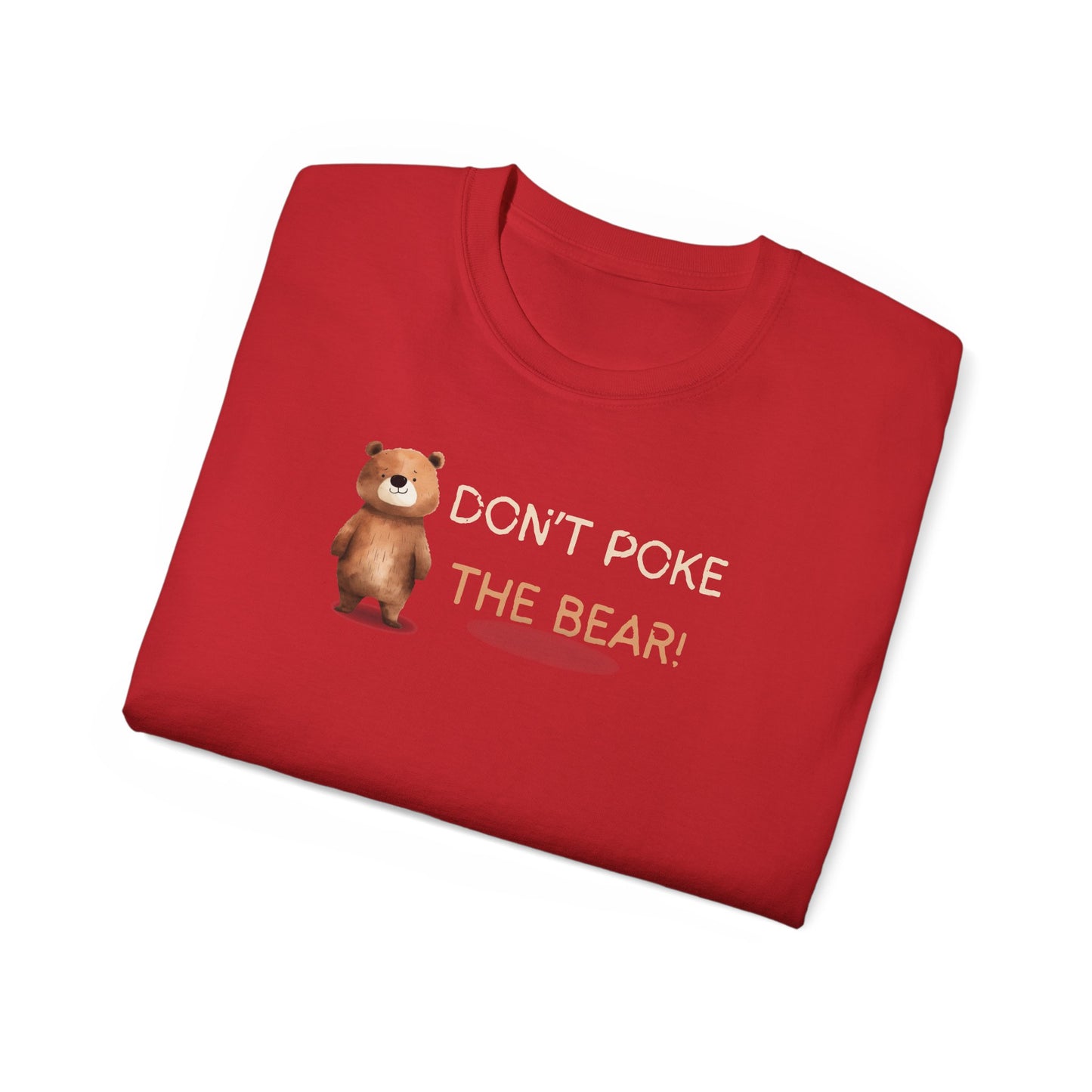 Folded red t-shirt with a bear graphic and text on a white background