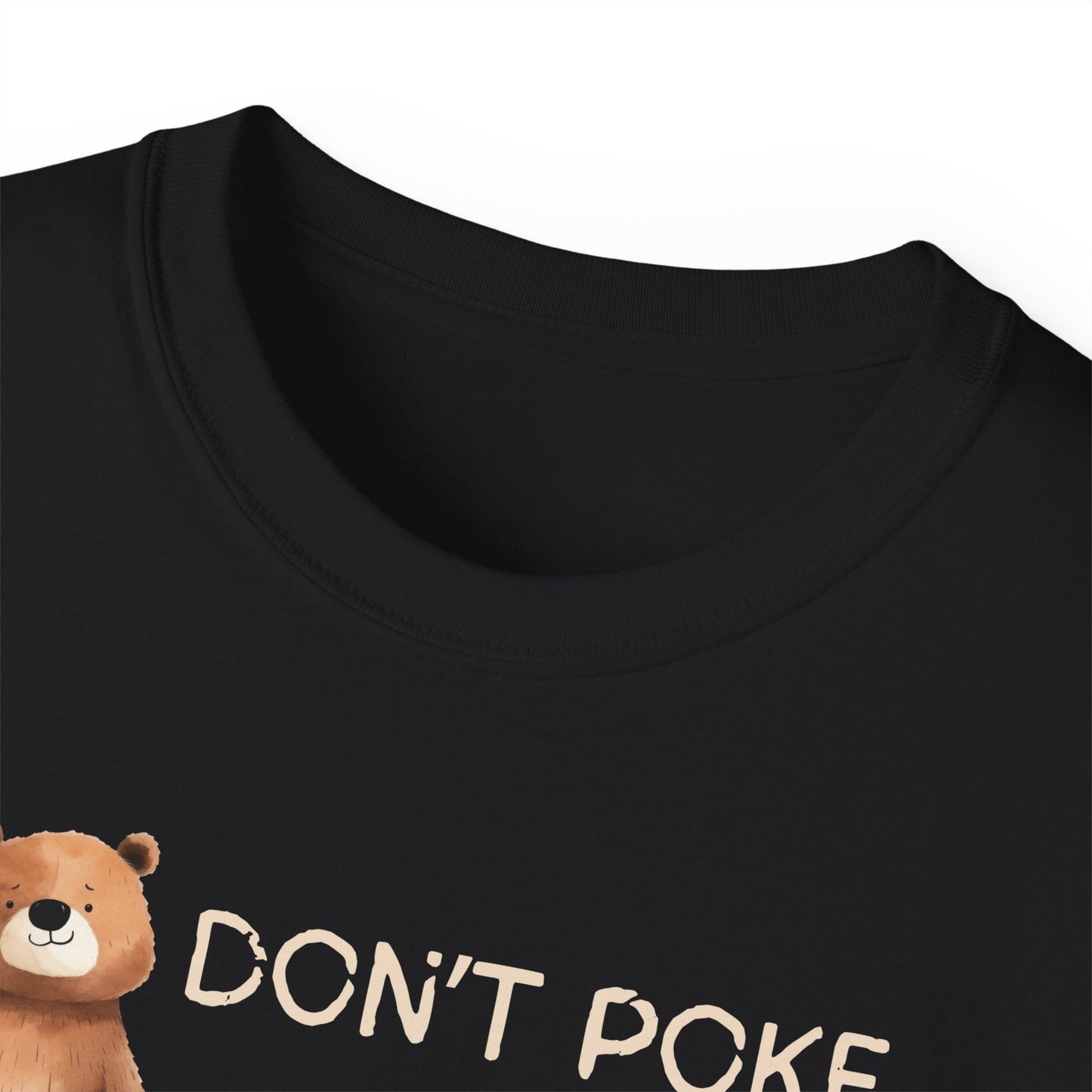Black t-shirt with a bear graphic and 'DON'T PCKE' text on a white background