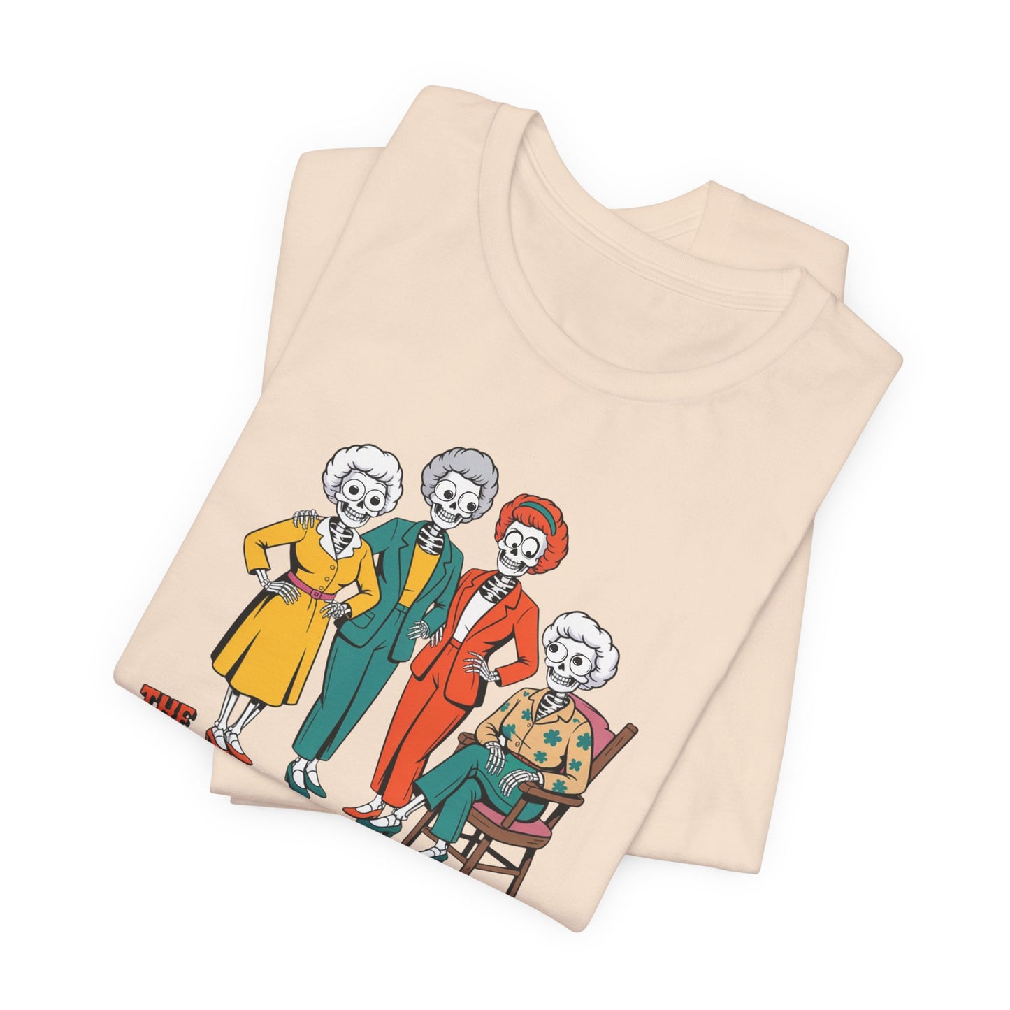 Beige tank top with skeleton design of four people on a white background Golden Girls, 80s TV, Halloween Tees