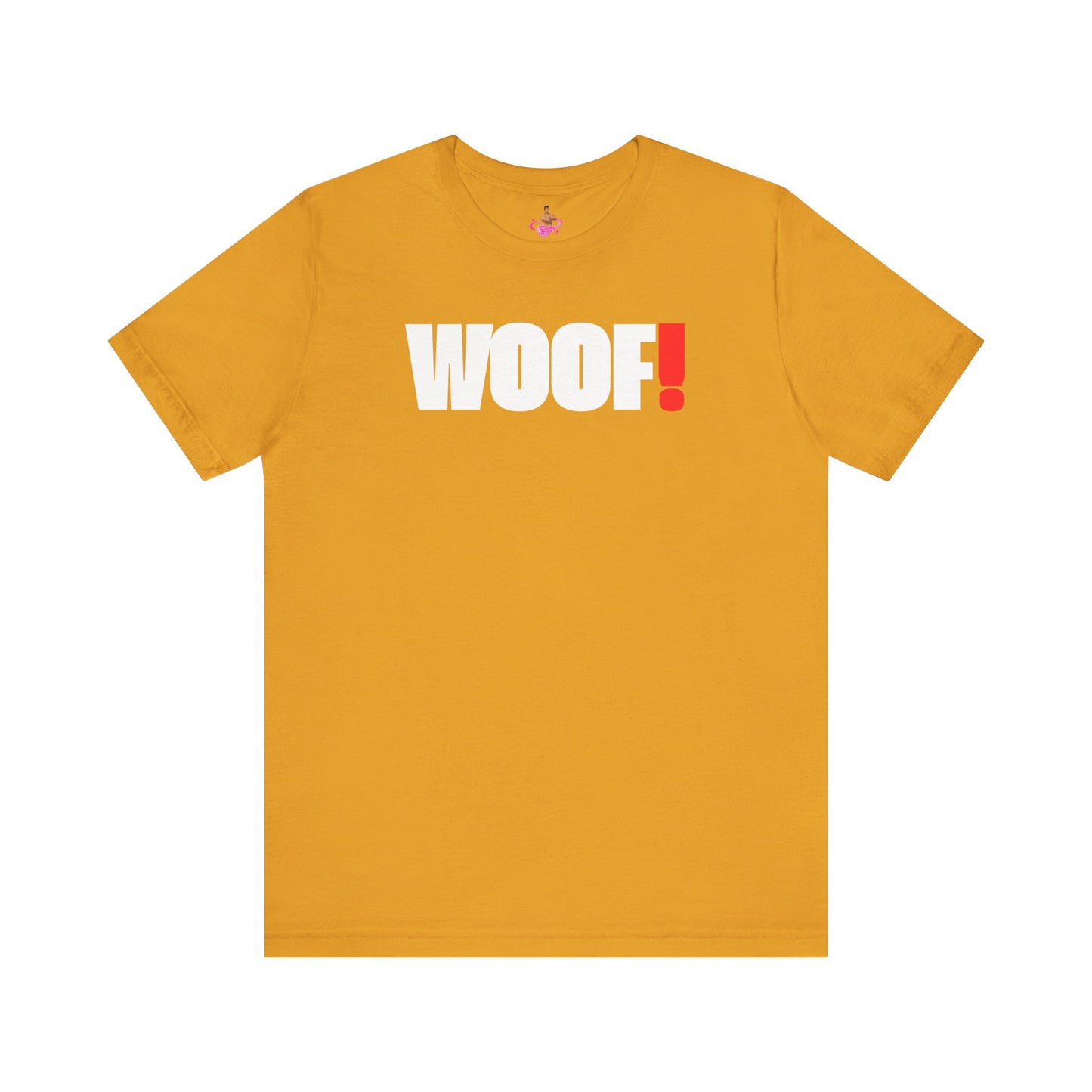 Man wearing a black t-shirt with 'WOOF!' text against a dark background LGBTQIA+ QUEER, Kink Positive