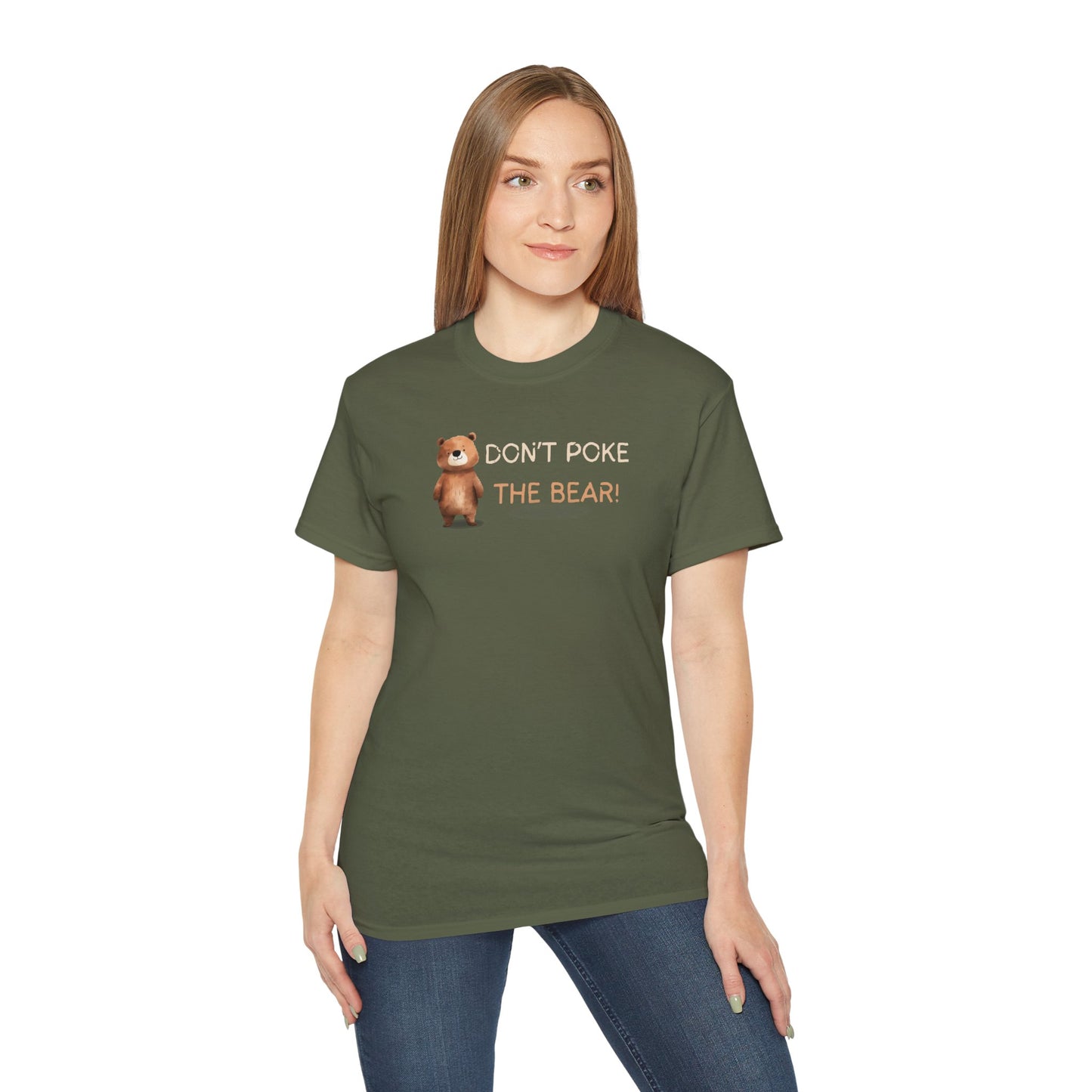 Person wearing a green t-shirt with 'Don't Poke the Bear' text and bear graphic.