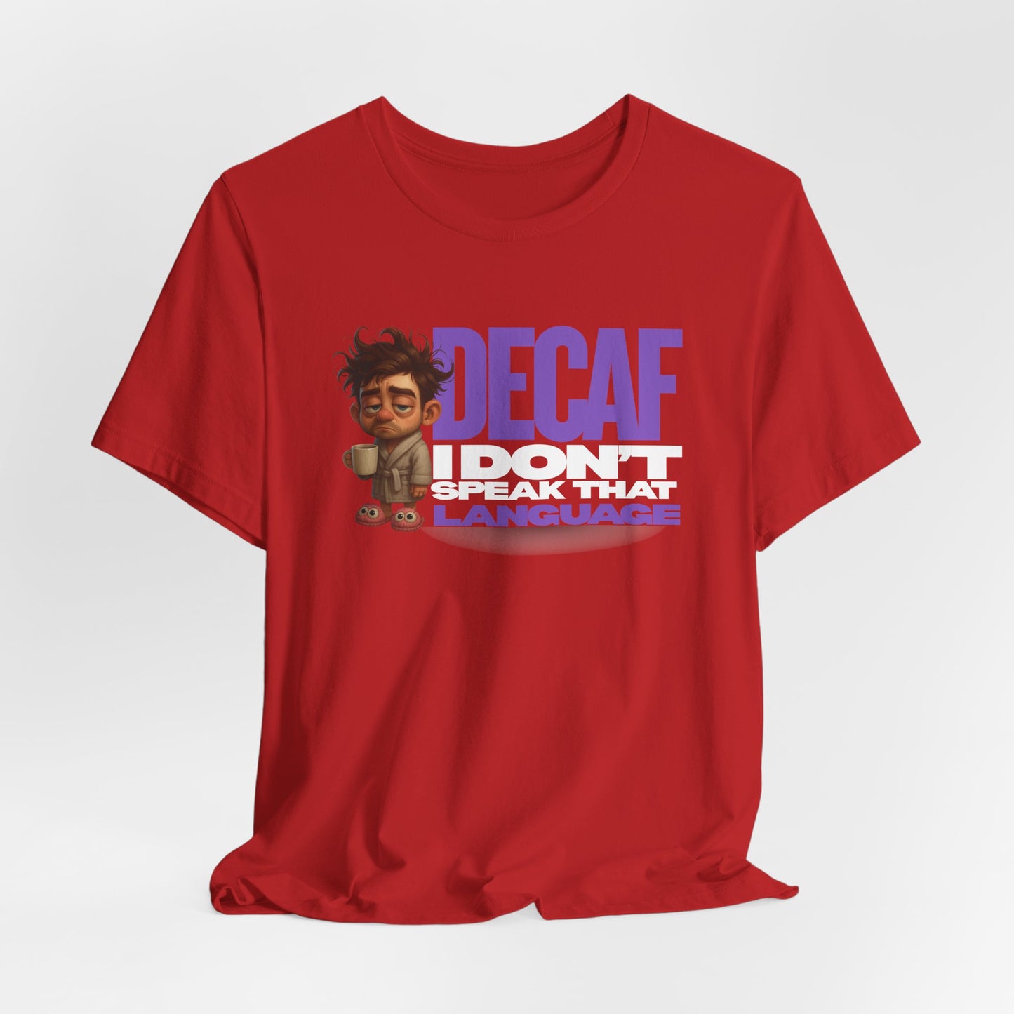 Red t-shirt with a graphic and text on a white background