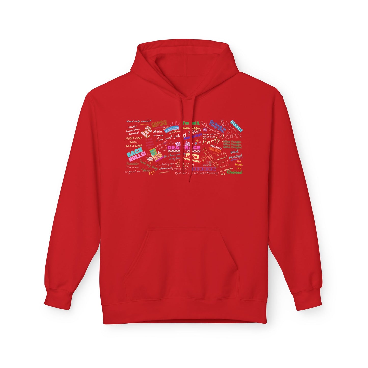 Red hoodie with colorful text design on a white background Drag race, Rupaul, Rupaul's Drag Race UK, LGBT, Queer Culture, Gay, Drag Queen