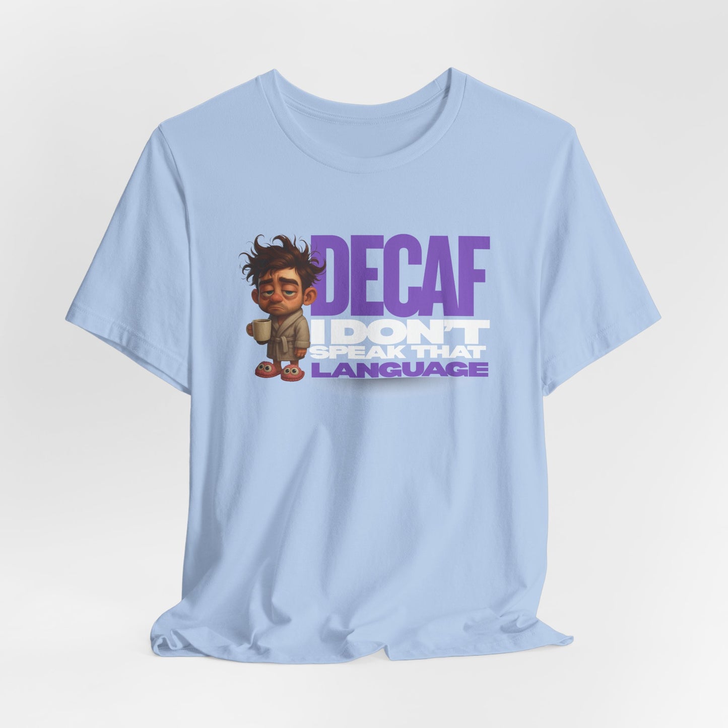 Light blue t-shirt with cartoon character and text on a white background