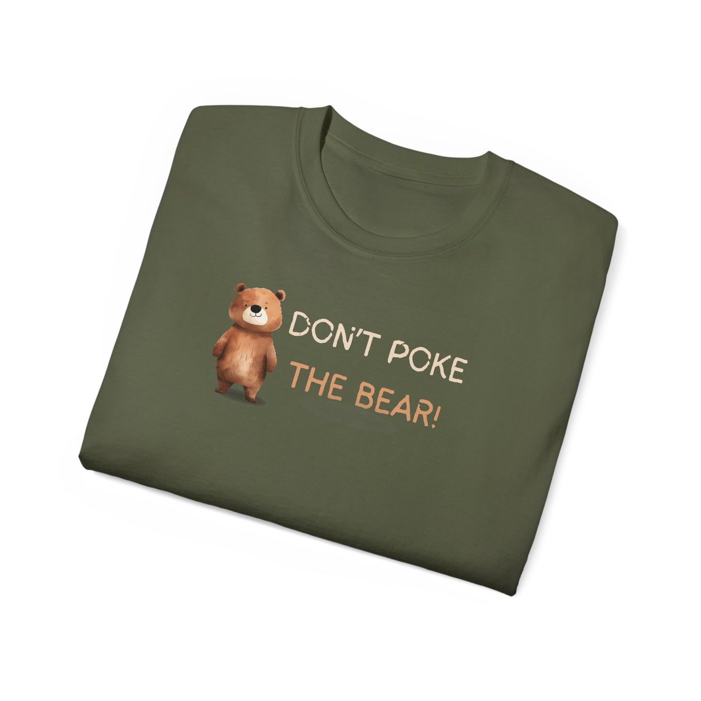 Folded green t-shirt with a bear graphic and text on a white background