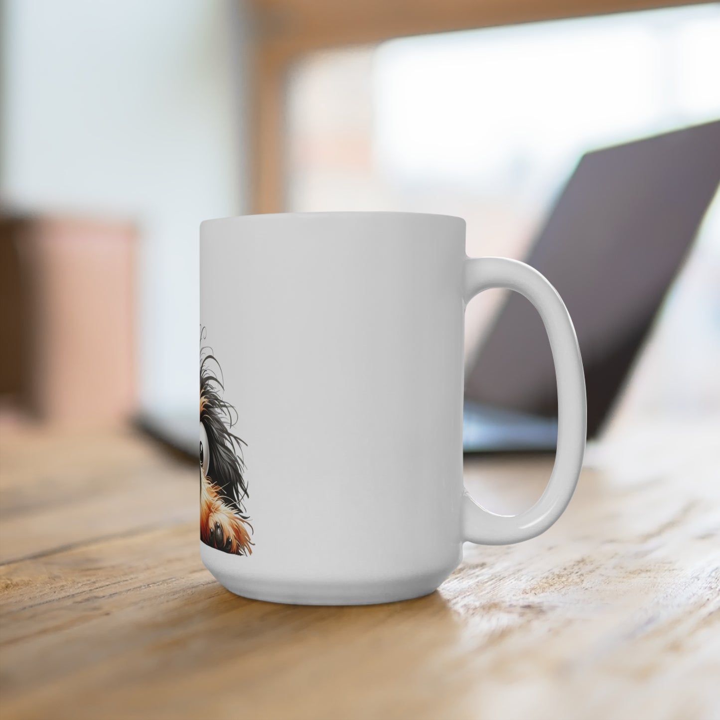 White mug with a horse design on a wooden surface