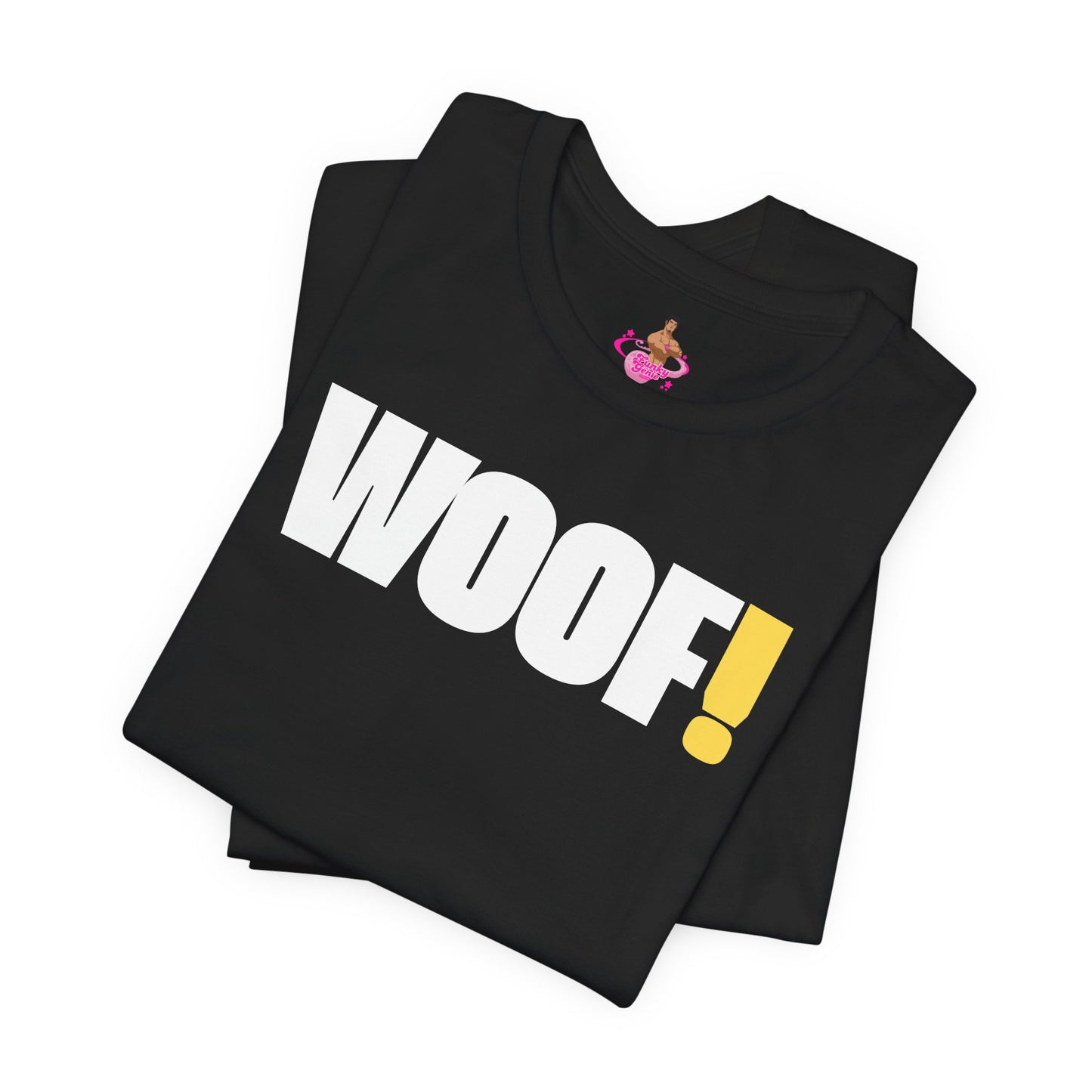 Man wearing a black t-shirt with 'WOOF!' text against a dark background LGBTQIA+ QUEER, Kink Positive