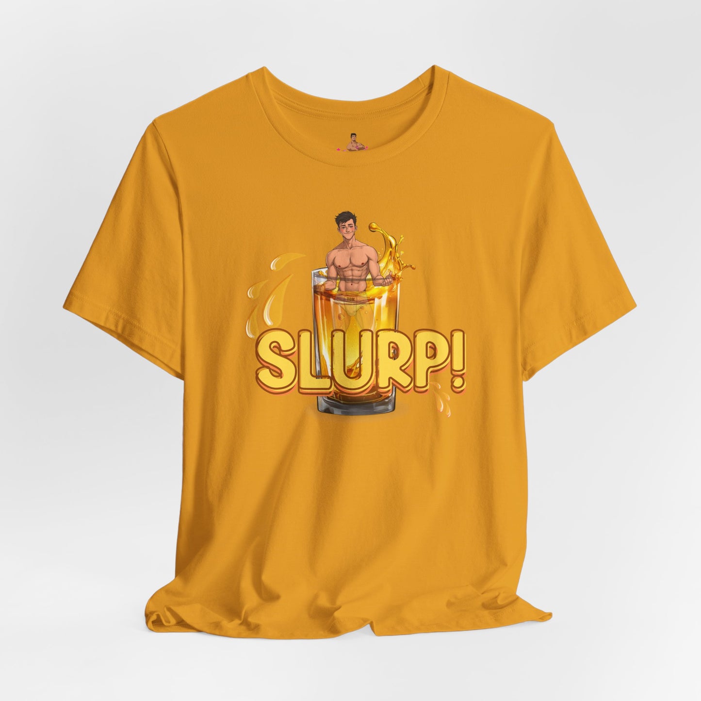 Yellow-shirt with a graphic design of a person inside a glass of yellow liquid with 'SLURP!' text on a. Watersports, piss play, Kink, LGBTQIA+