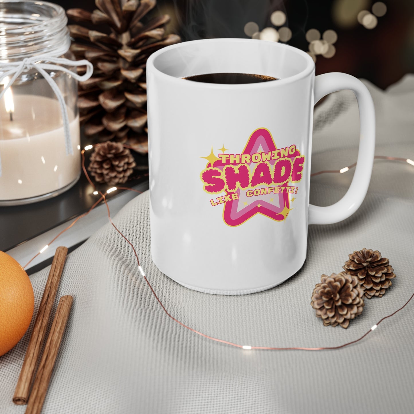 White mug with colorful text design on a table with decorative items Throwing Shade, Shade, Queer Culture, LGBT, GAY