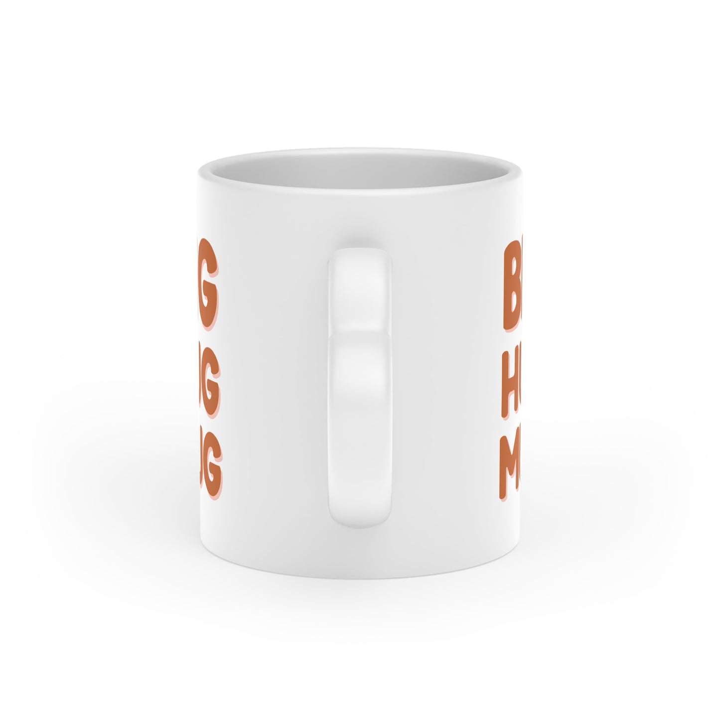 White mug with orange text on a white background