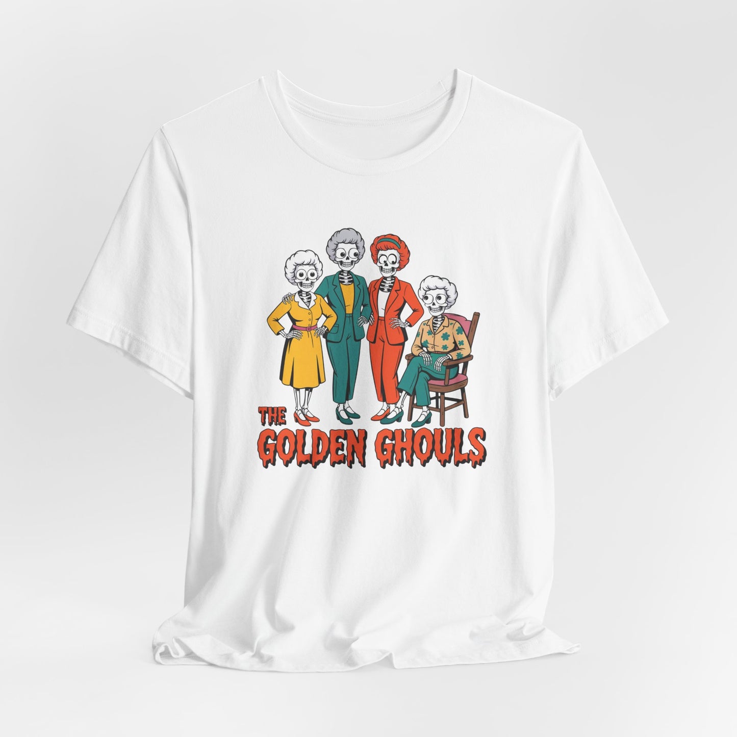 White t-shirt with 'The Golden Ghouls' graphic design on a white background Golden Girls, 80s TV, Halloween Tees
