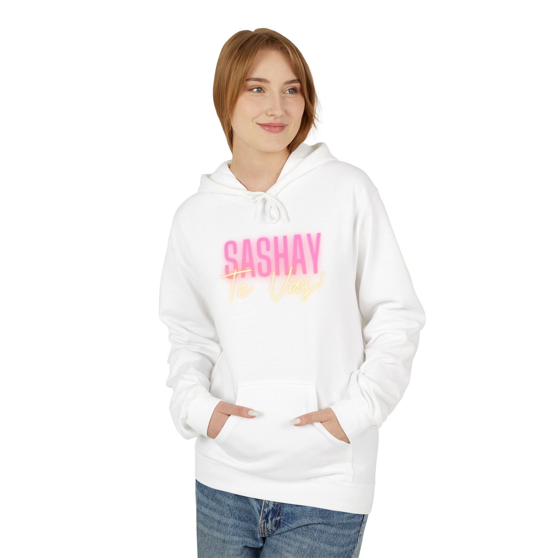 Person wearing a white hoodie with 'SASHAY' printed on it against a white background  Drag Race Espana, Drag Race Spain, Rupaul's drag race, Drag queens, LGBT, Queer culture