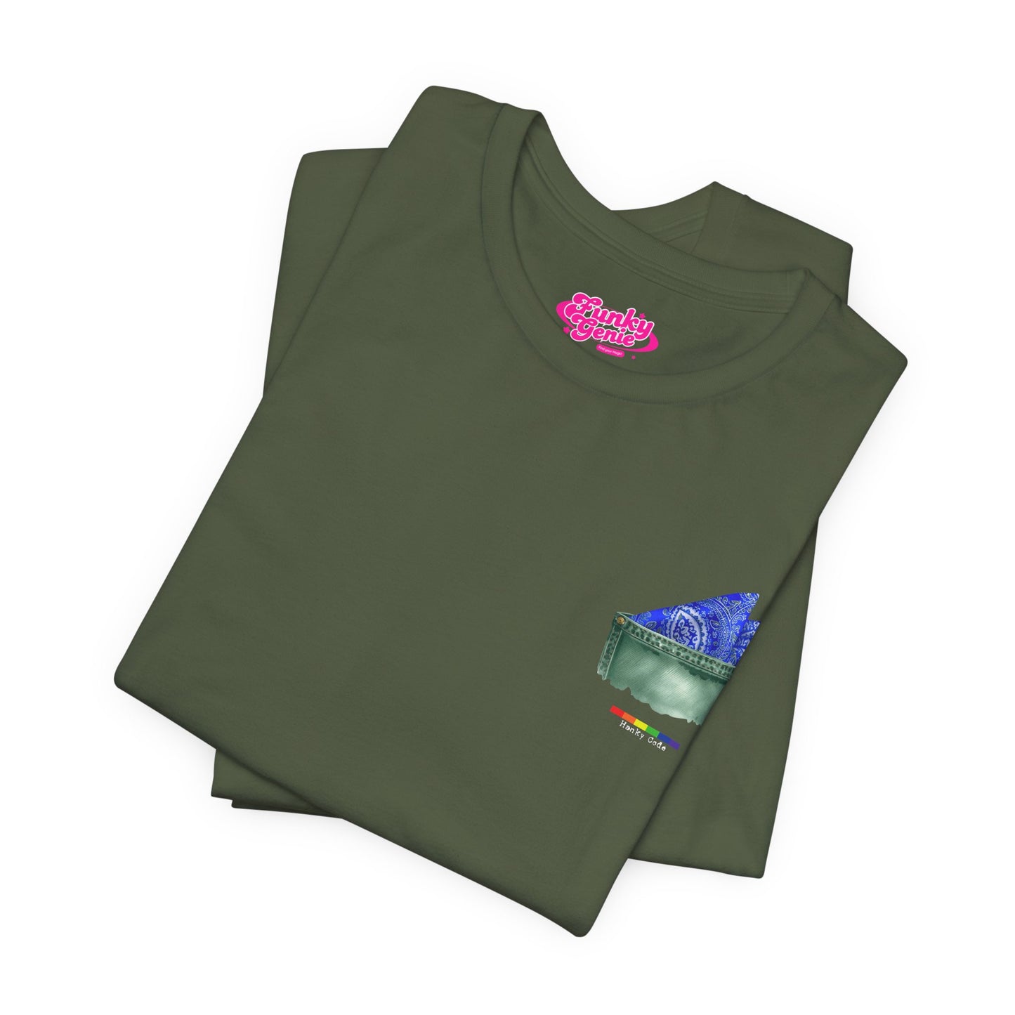 Green t-shirt with a small graphic of a pocket with a paisley print hanky tucked inside. it features the LGBT rainbow colours and the words Hanky Code