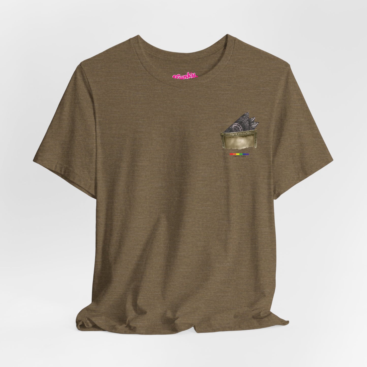 Olive Green t-shirt with a small graphic of a pocket with a paisley print hanky tucked inside. it features the LGBT rainbow colours and the words Hanky Code