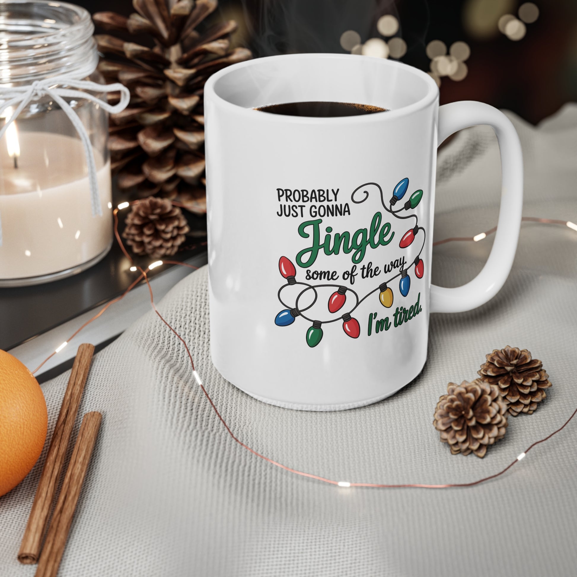 White mug with Christmas lights and text design on a white background Festive Ceramic Coffee Cups for Holiday Moods, Perfect for Christmas, Gift, Decor, Coffee Lovers