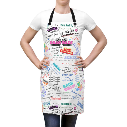 Person wearing a colorful apron with text design on a white background  Drag race, Rupaul's Drag race,  Rupaul, LGBT, Queer culture