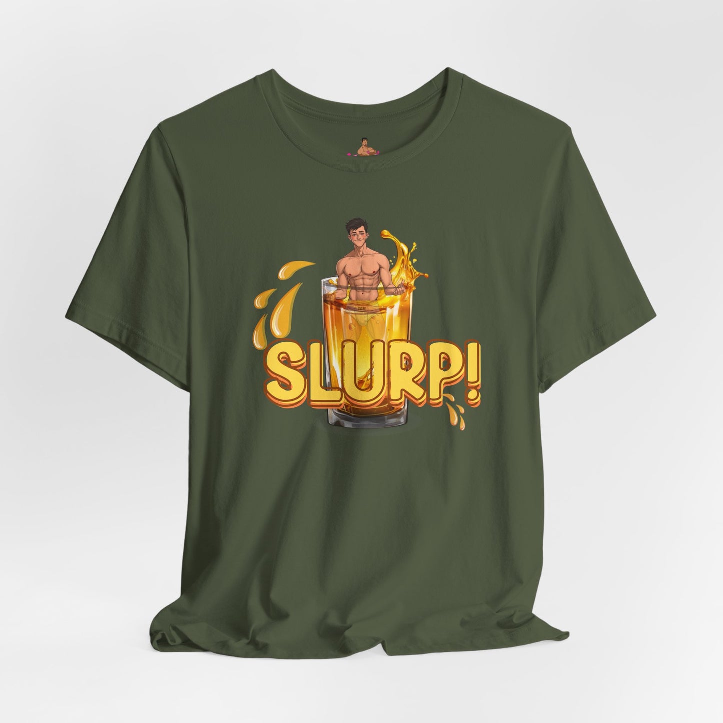 Military Green t-shirt with a graphic design of a person inside  a glass of yellow liquid with 'SLURP!' text on a. Watersports, piss play, Kink, LGBTQIA+
