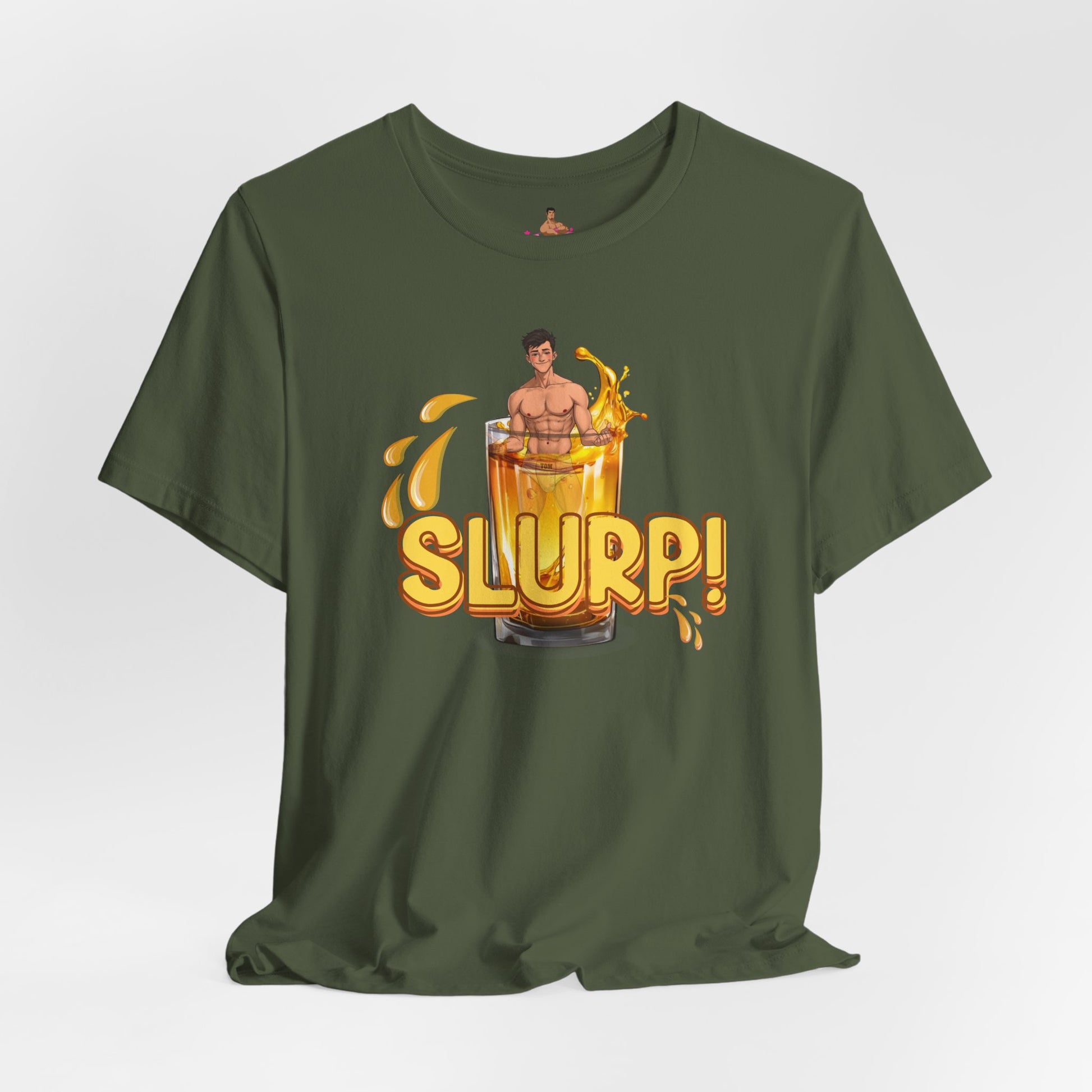 Military Green t-shirt with a graphic design of a person inside  a glass of yellow liquid with 'SLURP!' text on a. Watersports, piss play, Kink, LGBTQIA+