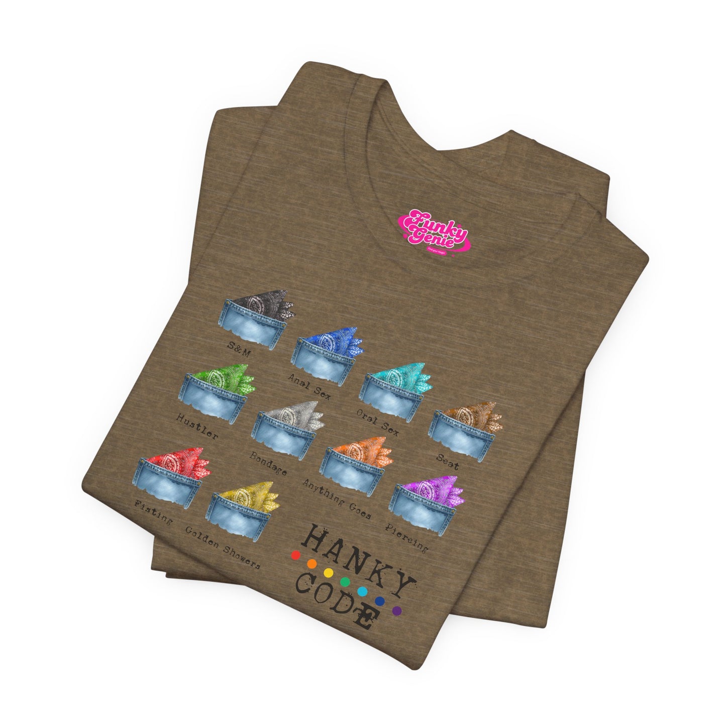 Olive Green t-shirt with a selection of small graphic images of pockets with a paisley print hankies tucked inside. it features the LGBT rainbow colours and the words Hanky Code
