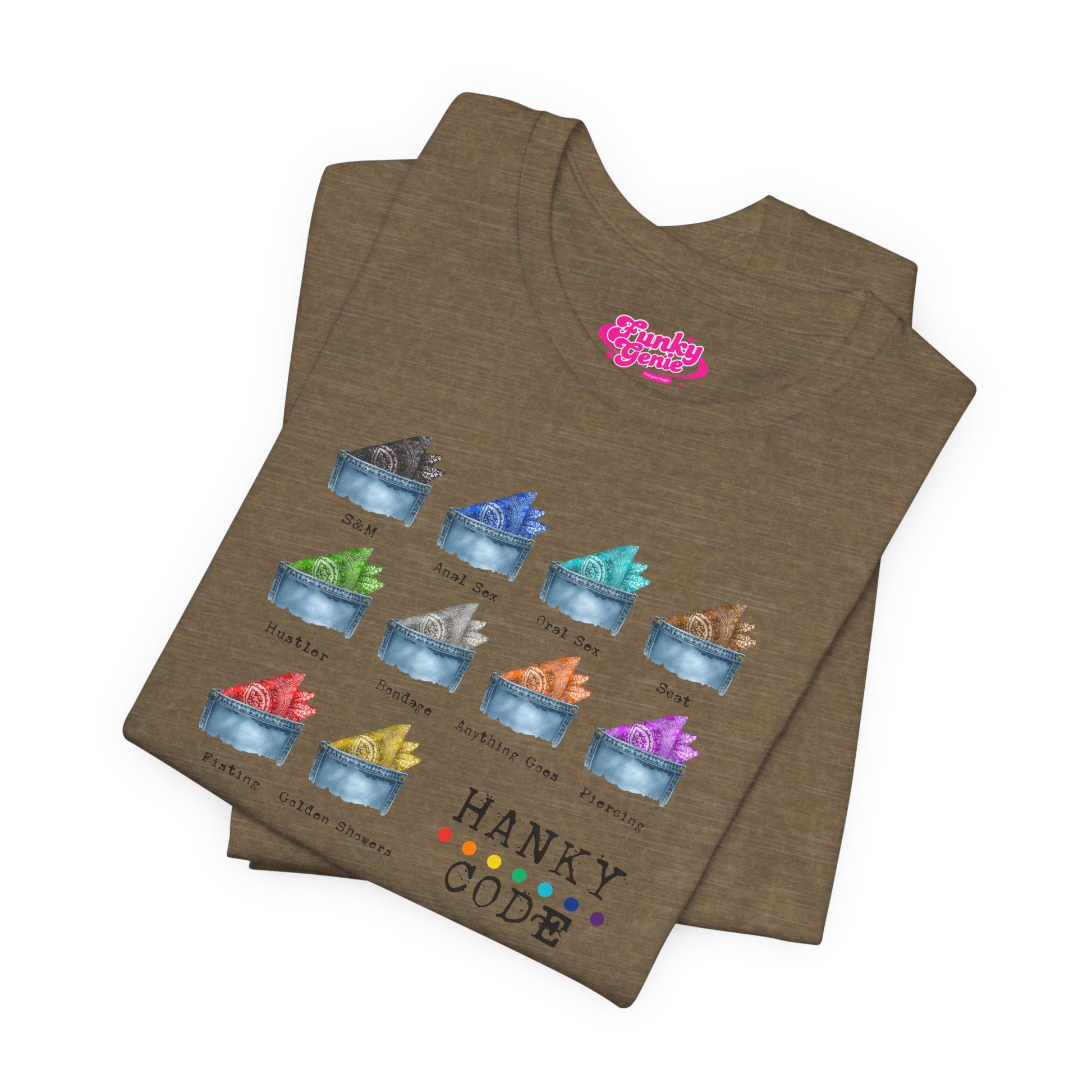 Olive Green t-shirt with a selection of small graphic images of pockets with a paisley print hankies tucked inside. it features the LGBT rainbow colours and the words Hanky Code