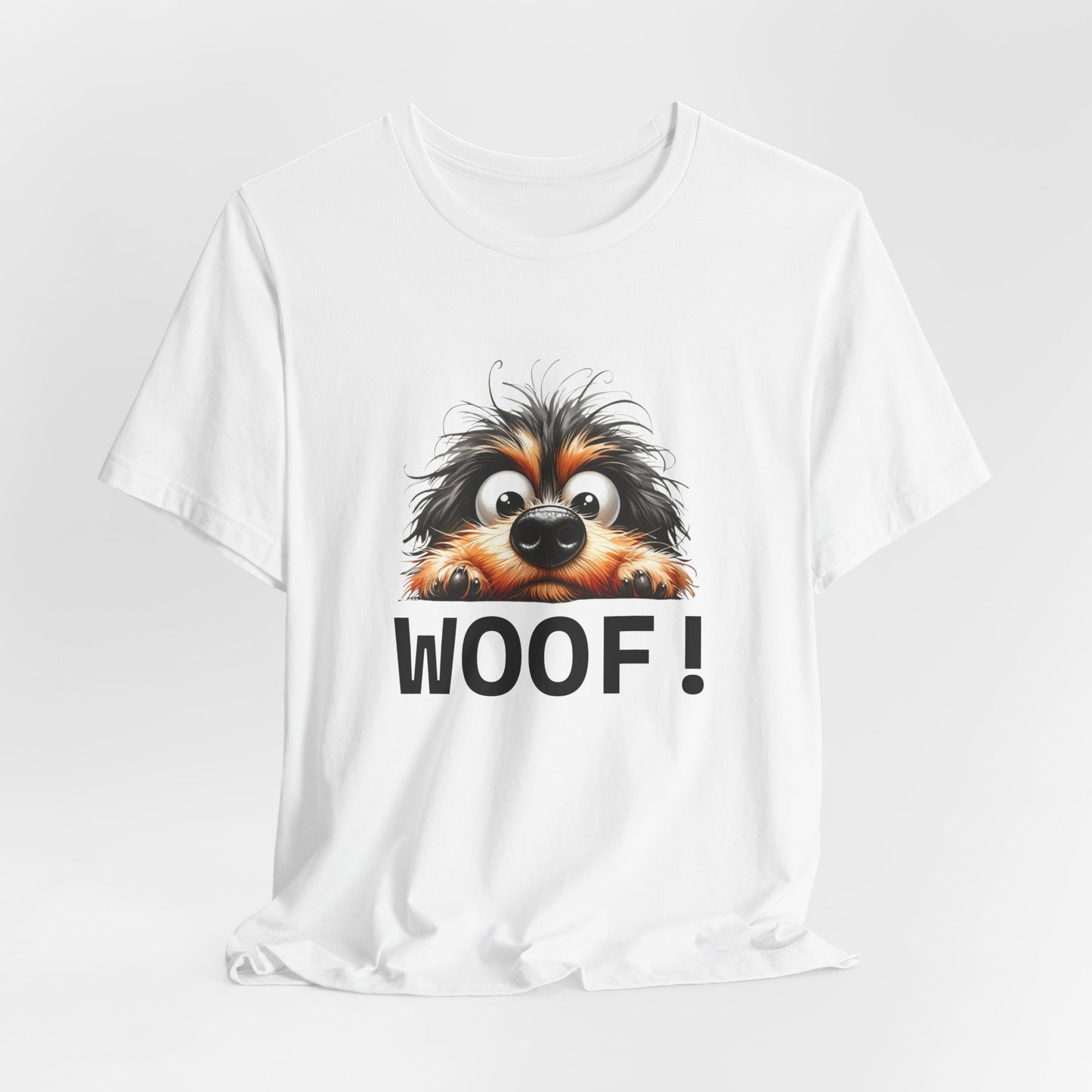 White t-shirt with a dog graphic and 'WOOF!' text on a white background