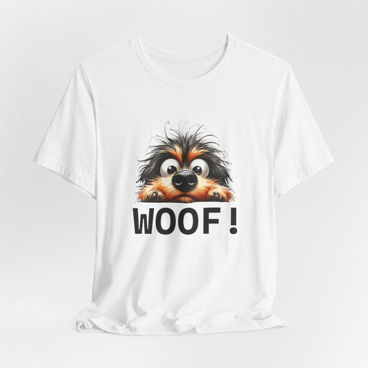 White t-shirt with a dog graphic and 'WOOF!' text on a white background