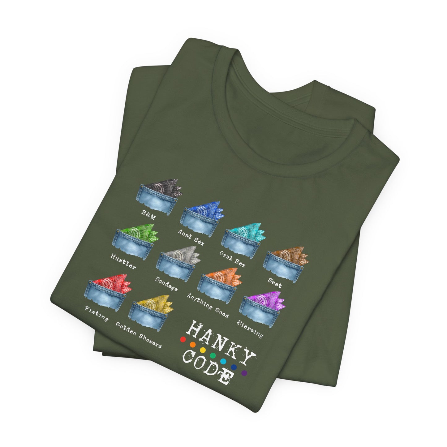 Green t-shirt with a selection of small graphic images of pockets with a paisley print hankies tucked inside. it features the LGBT rainbow colours and the words Hanky Code